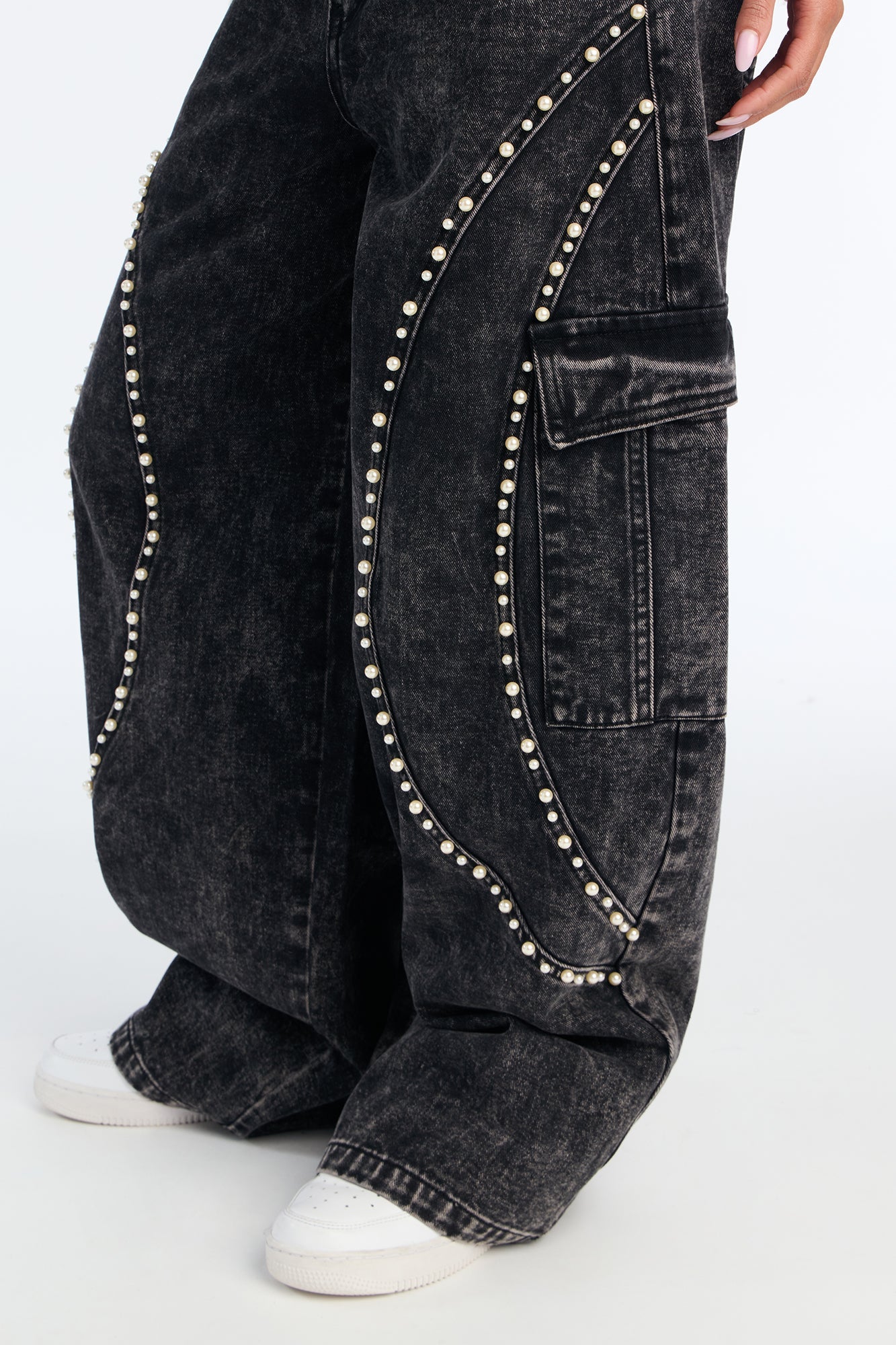 Pearls Are On Baggy Cargo Jeans - Black Wash