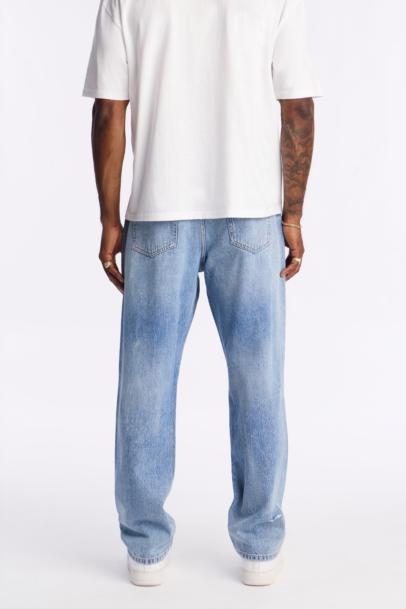 Straight Subtle Distressed Denim Jean - Medium Blue Wash