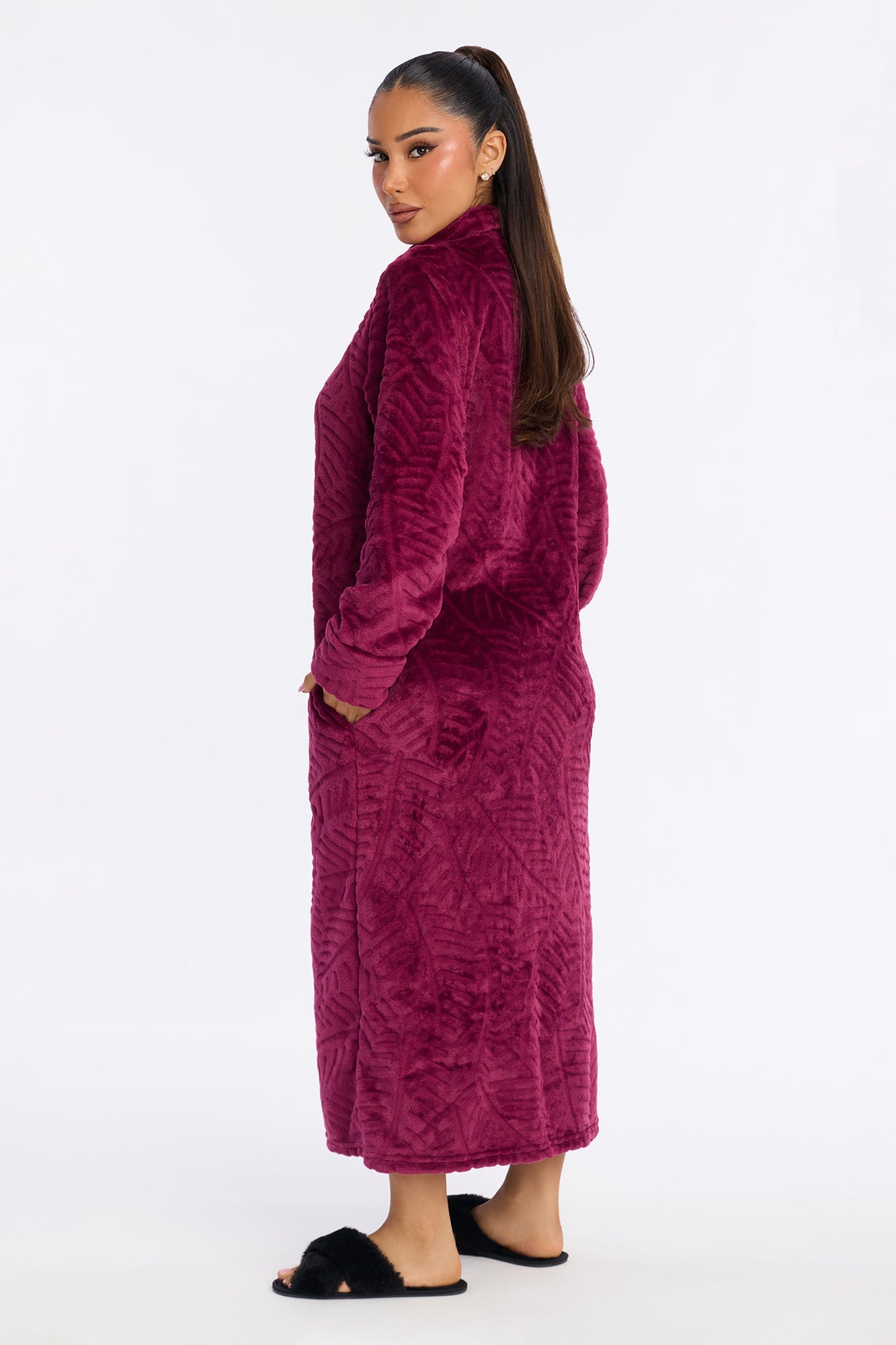 Sleepy Mood Fleece Zip Front Robe - Burgundy