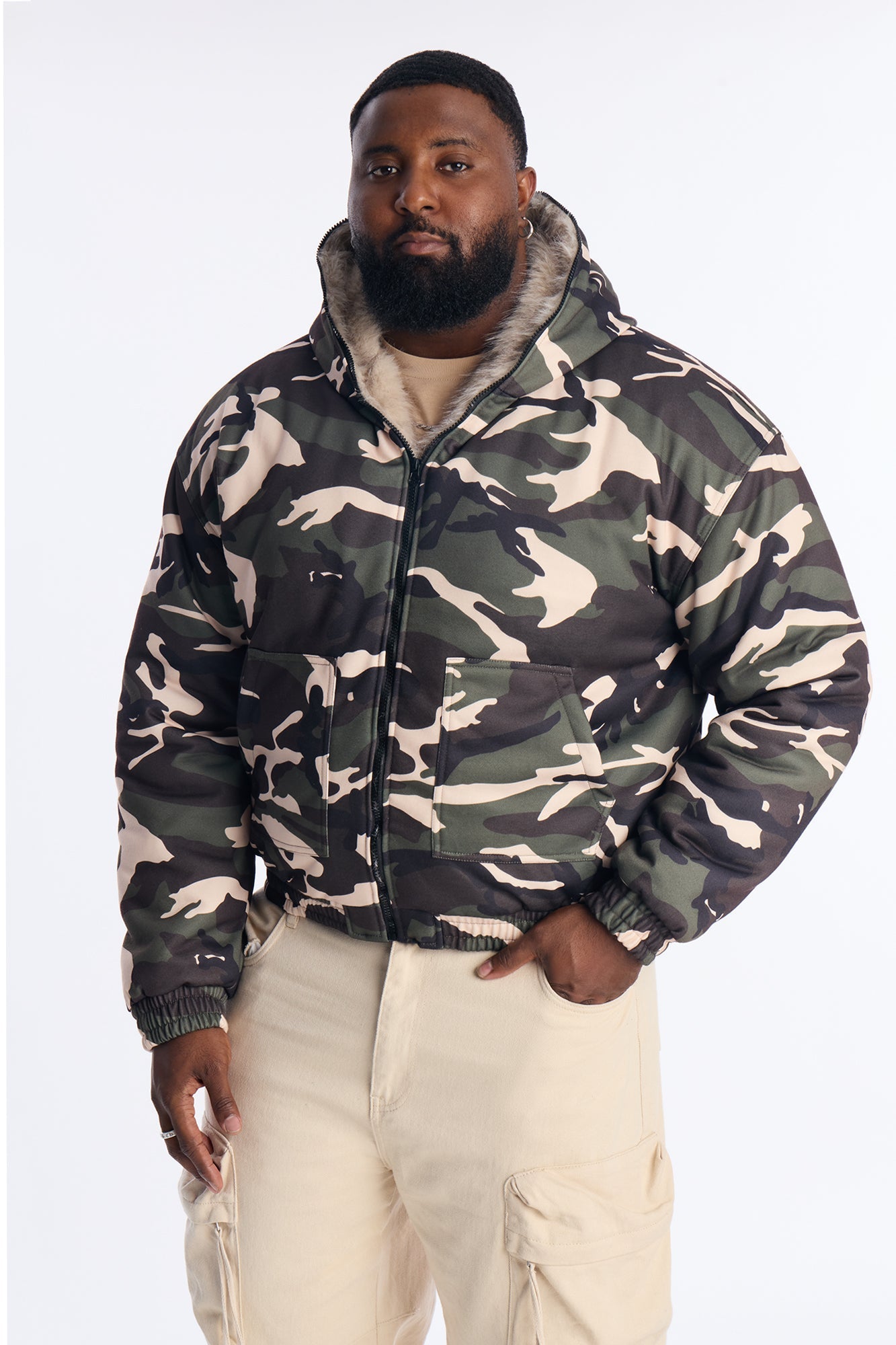 Faux Fur Hooded Zip Up Hoodie - Camouflage