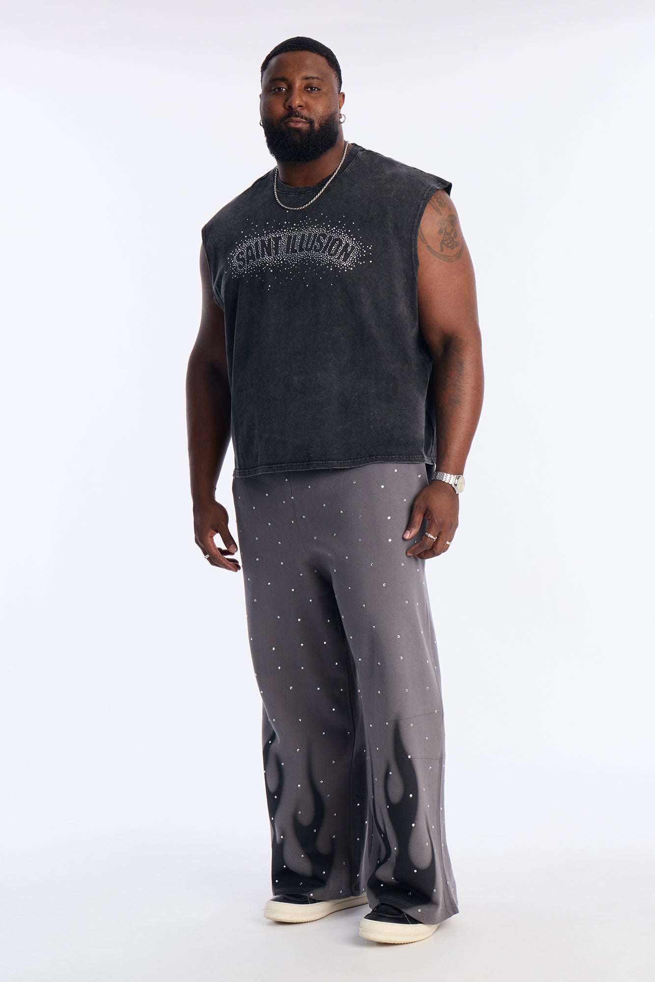 Rhinestone Flame Wide Leg Sweatpants - Charcoal