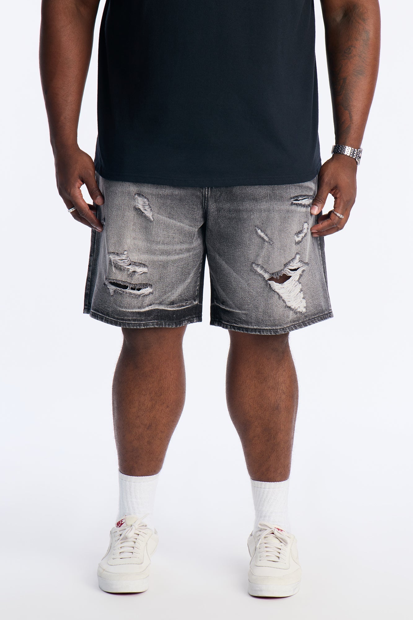 Relaxed Wish You Could Distressed Denim Shorts - Black Wash