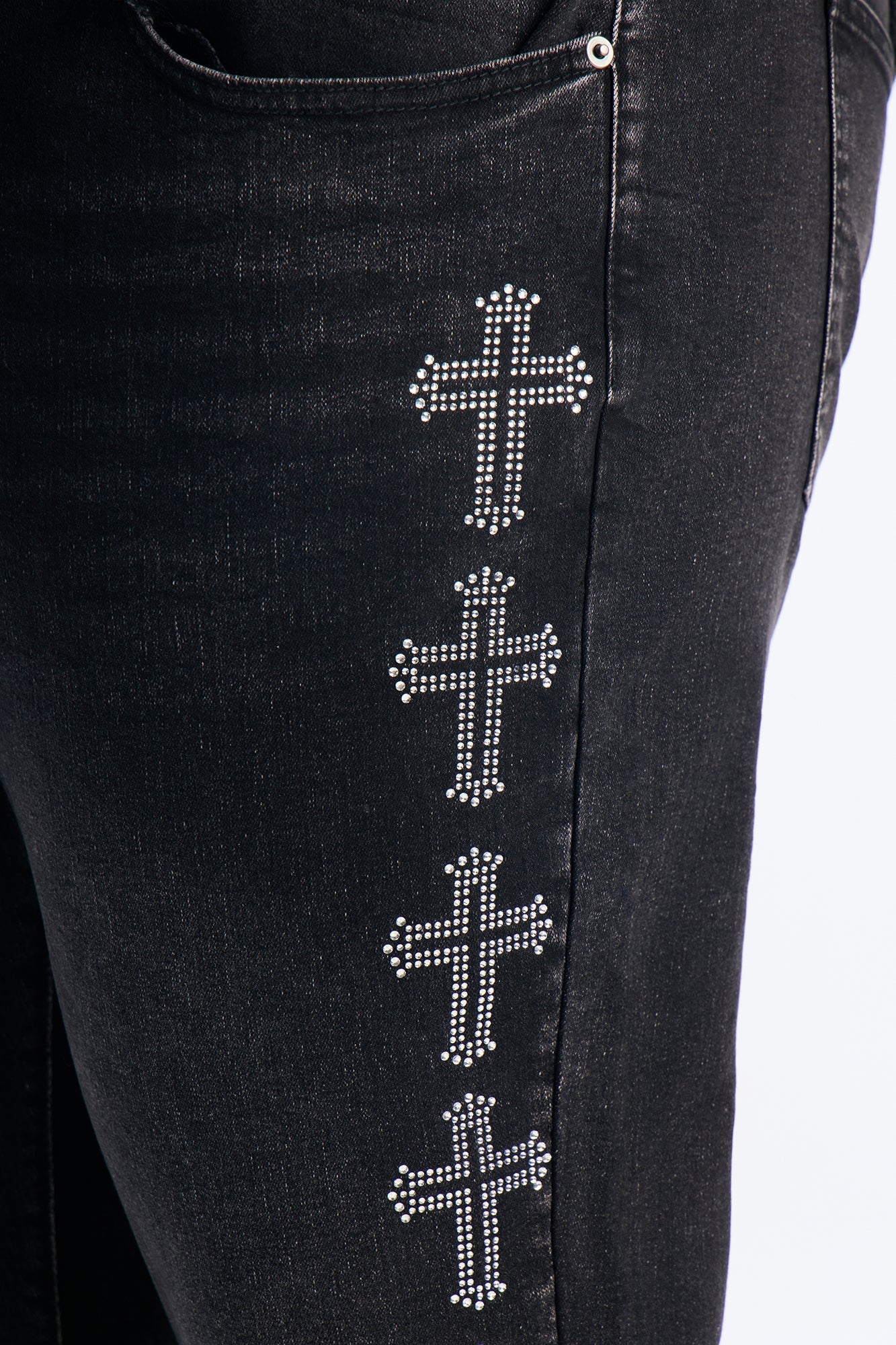 Stacked Skinny Flare Crosses Lined Down Jeweled Jean - Black Wash