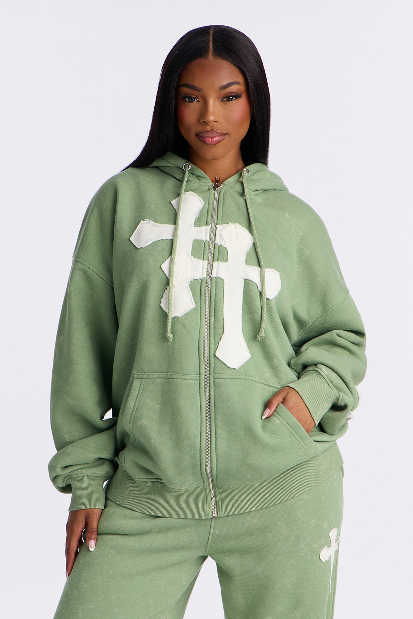Double The Intentions Washed Fleece Hoodie - Sage