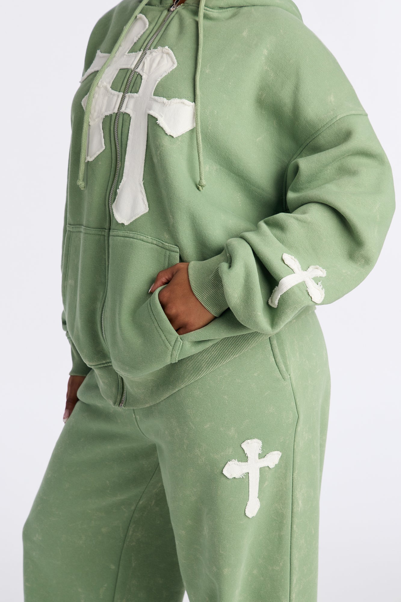 Double The Intentions Washed Fleece Hoodie - Sage