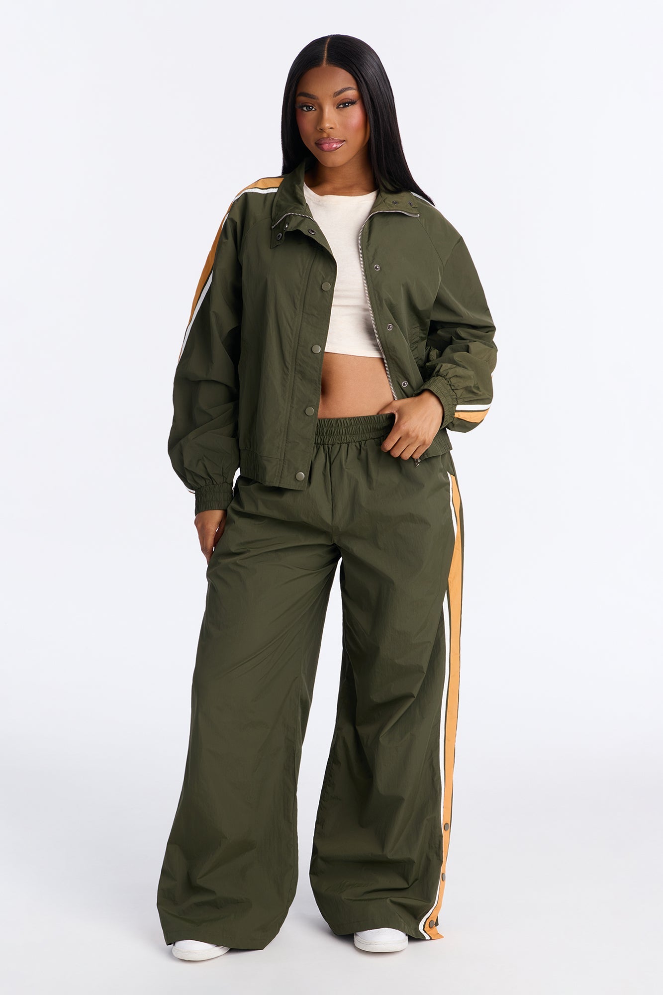 Mila Nylon Jacket And Wide Leg Track Set - Olive/combo