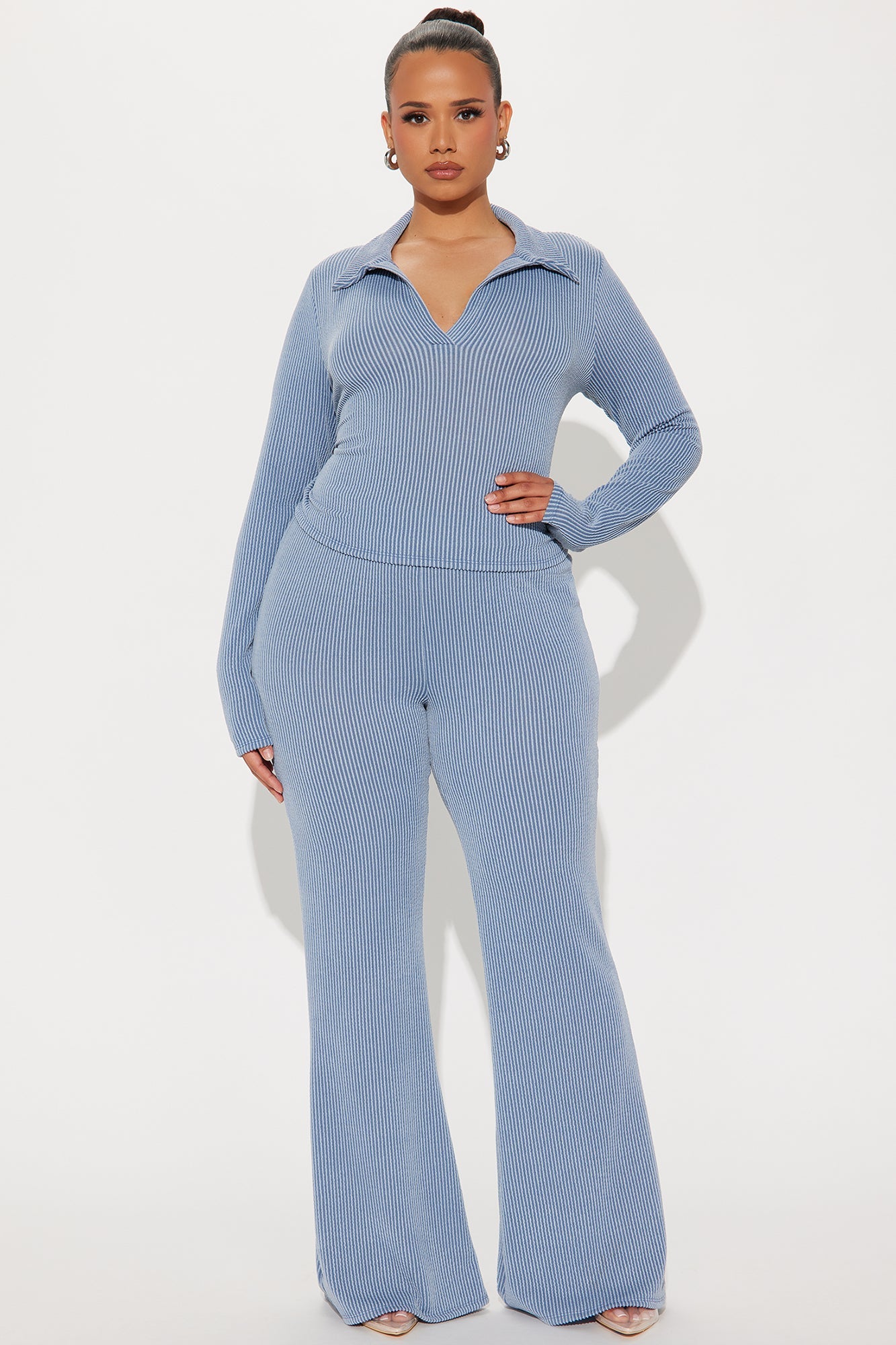 Josie Ribbed Long Sleeve Set - Dusty Blue