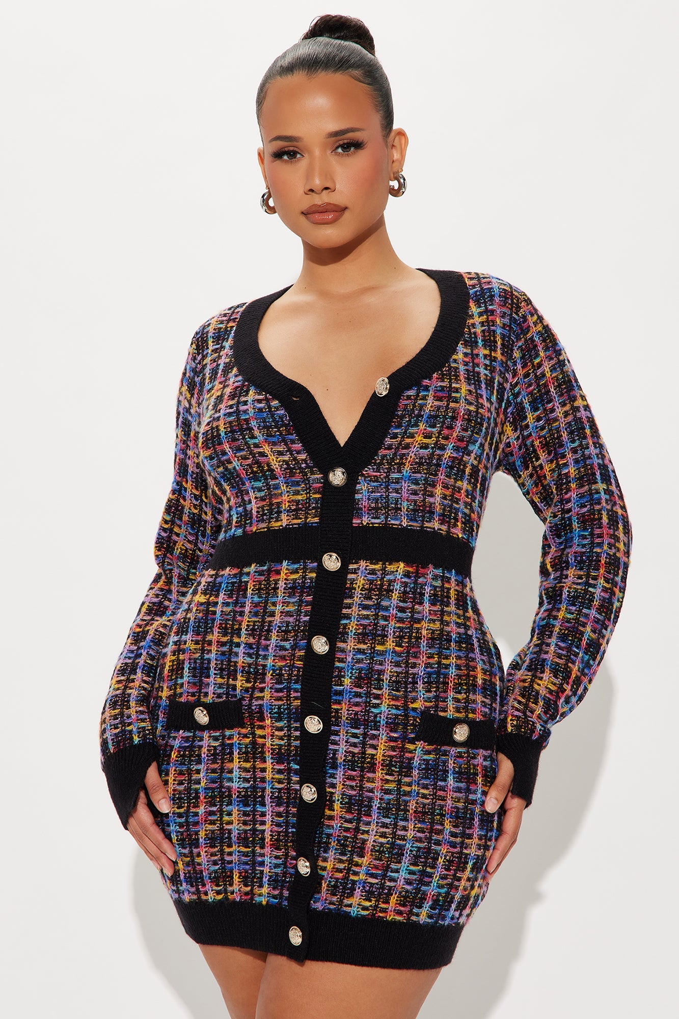 Boss Babe Plaid Sweater Mini Dress - Black/combo