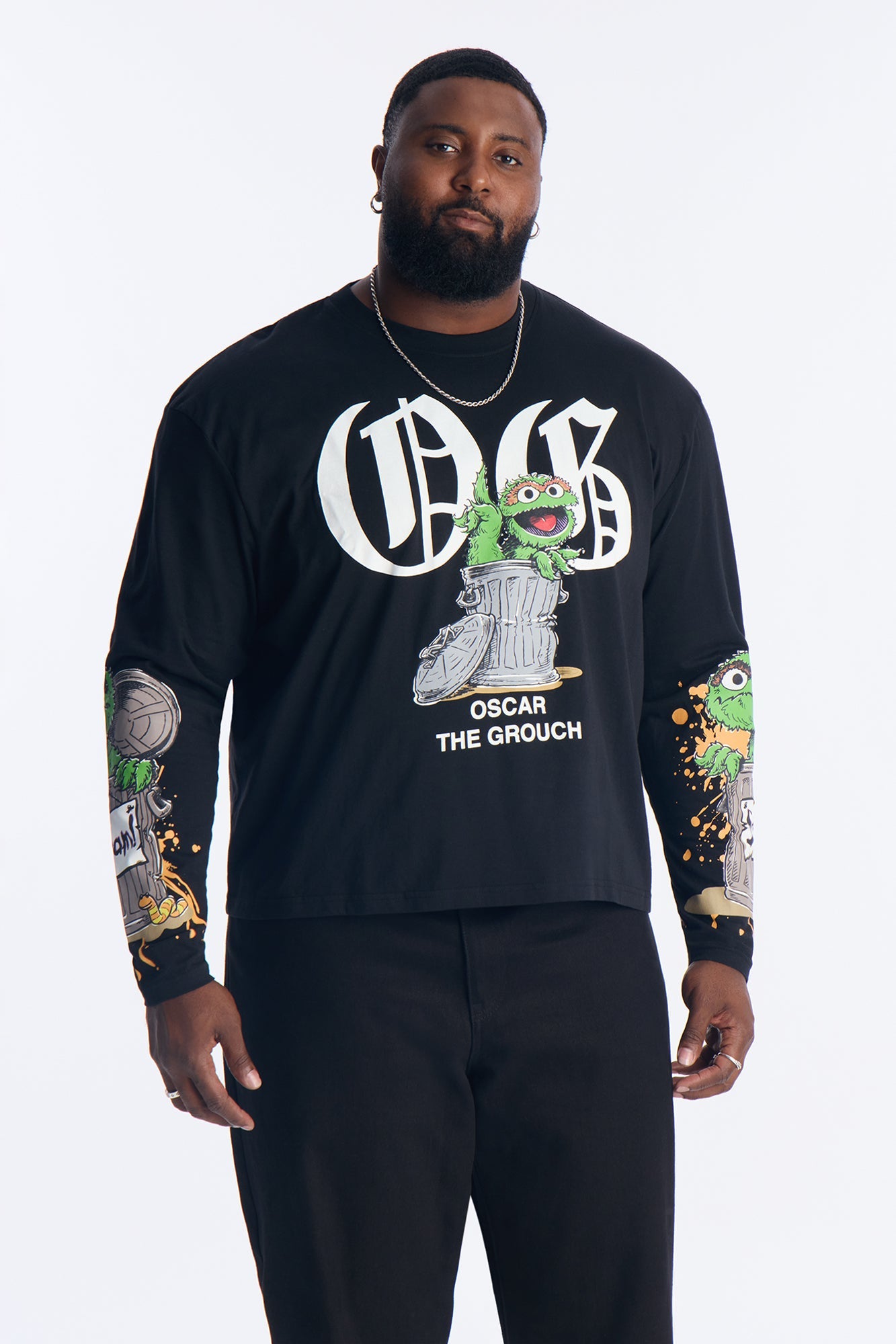 Sesame Street OG Oscar Oversized Long Sleeve Tee - Black Wash