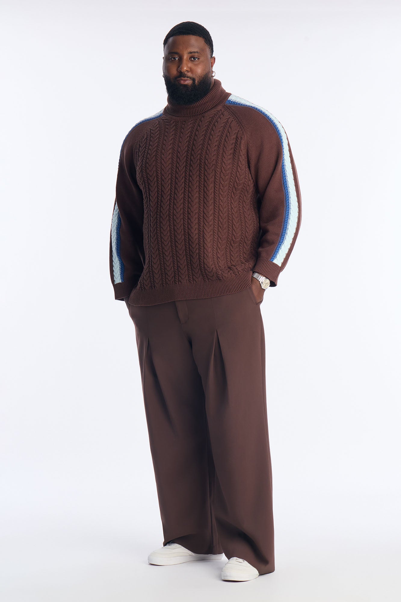 Cable Knit Turtle Neck Contrast Sweater - Chocolate