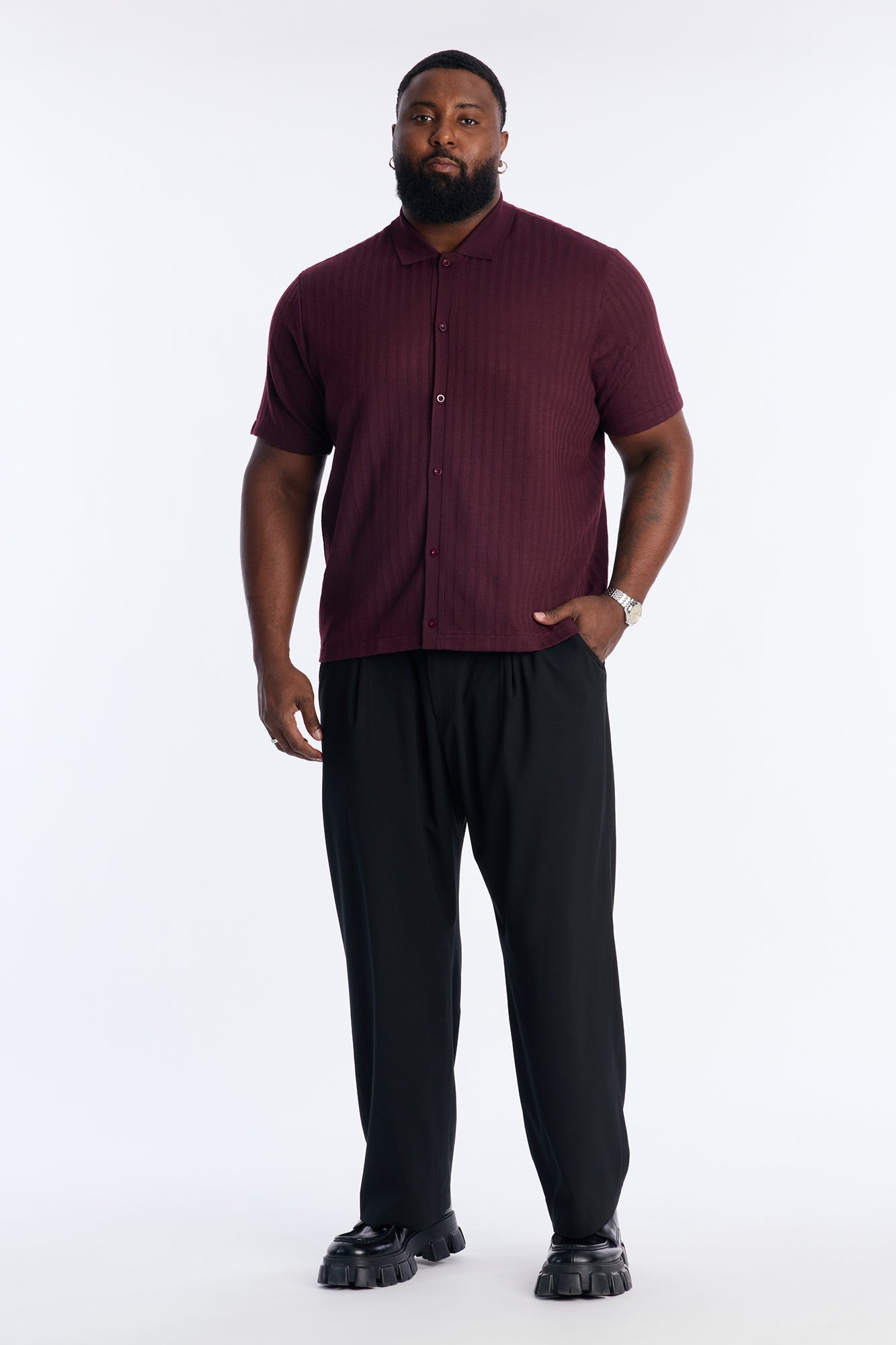 Shadow Button Striped Button Up - Burgundy