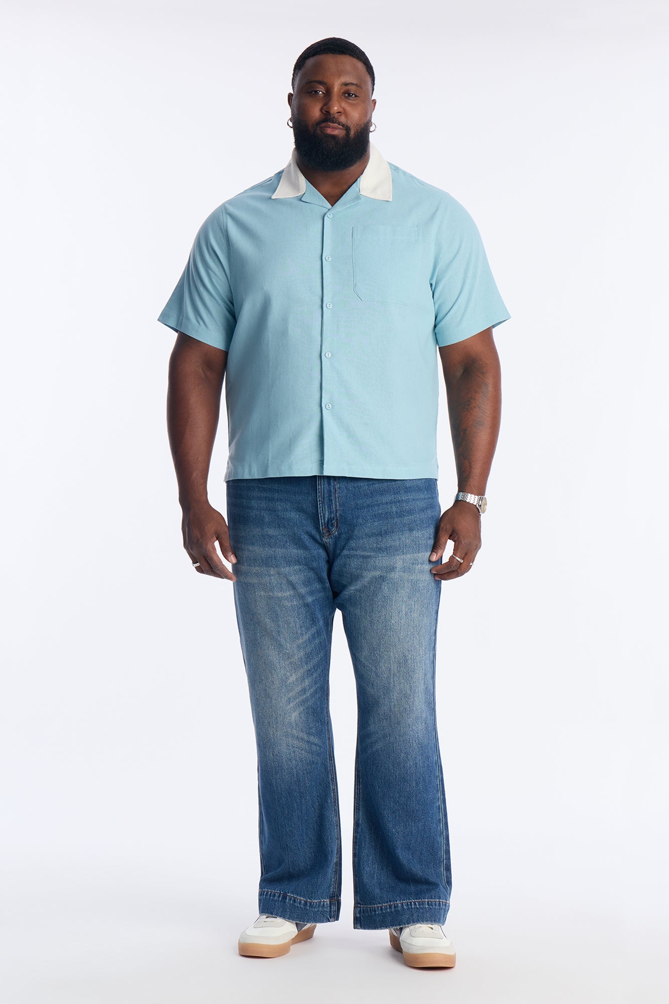 Panel Trim Button Up Shirt - Blue