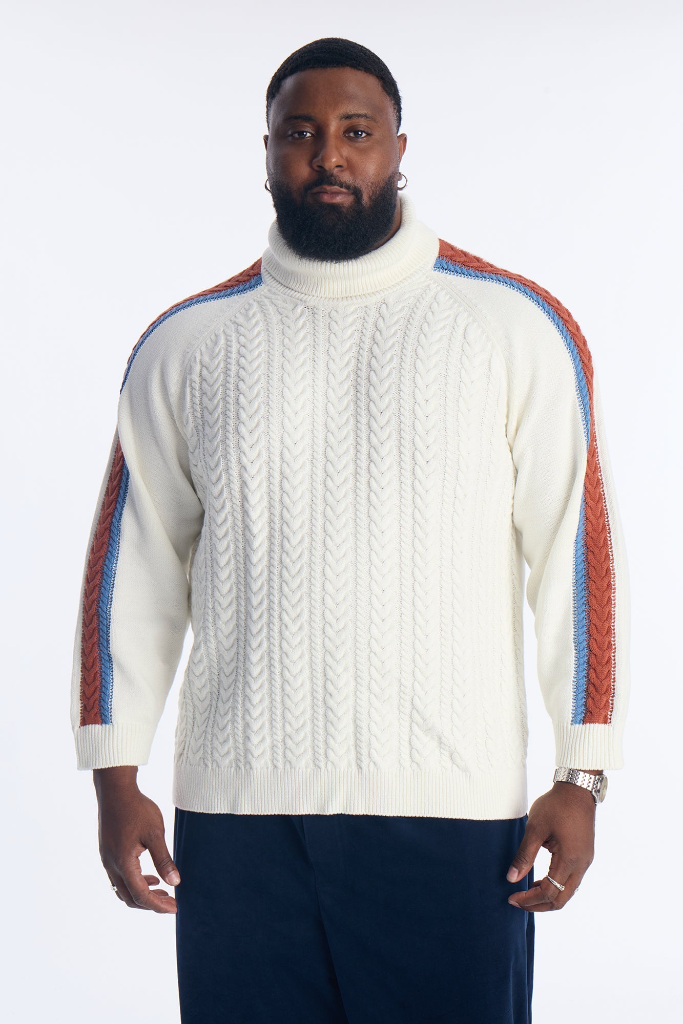 Cable Knit Turtle Neck Contrast Sweater - Cream