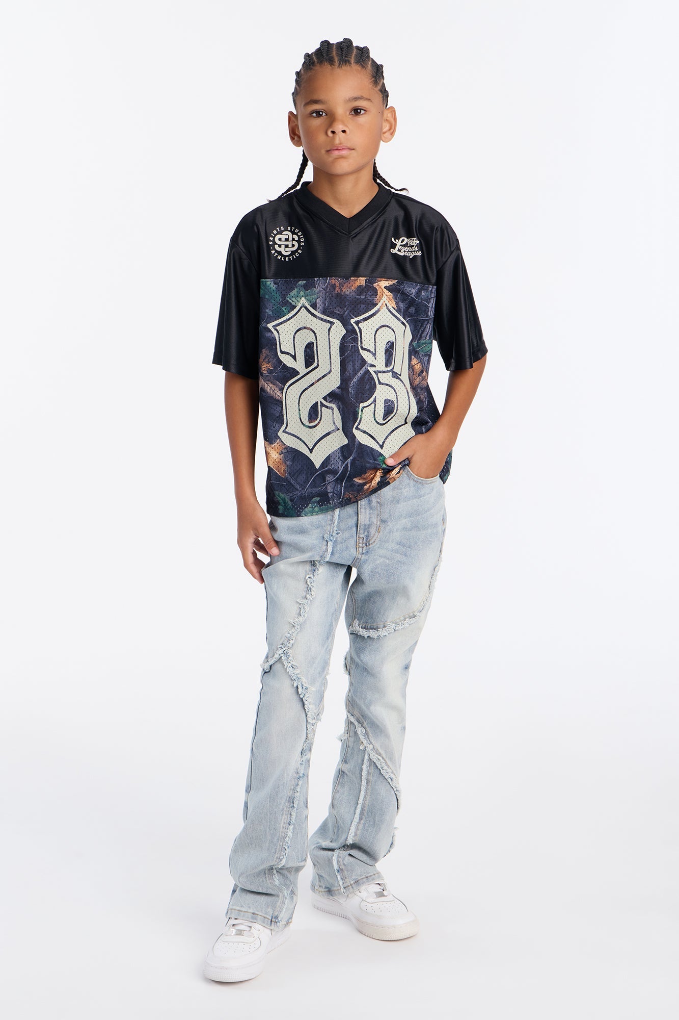 Mini Stacked Skinny Flare Frayed Lines Jean - Light Blue Wash
