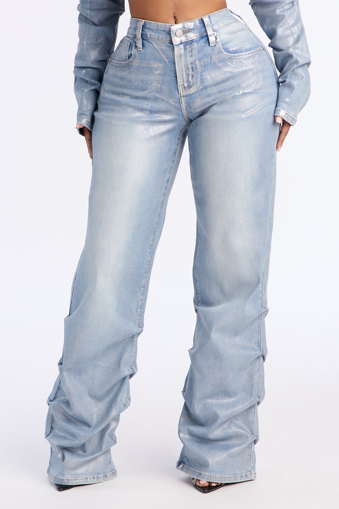 Frenchie Foil Stacked Slim Jeans - Light Wash
