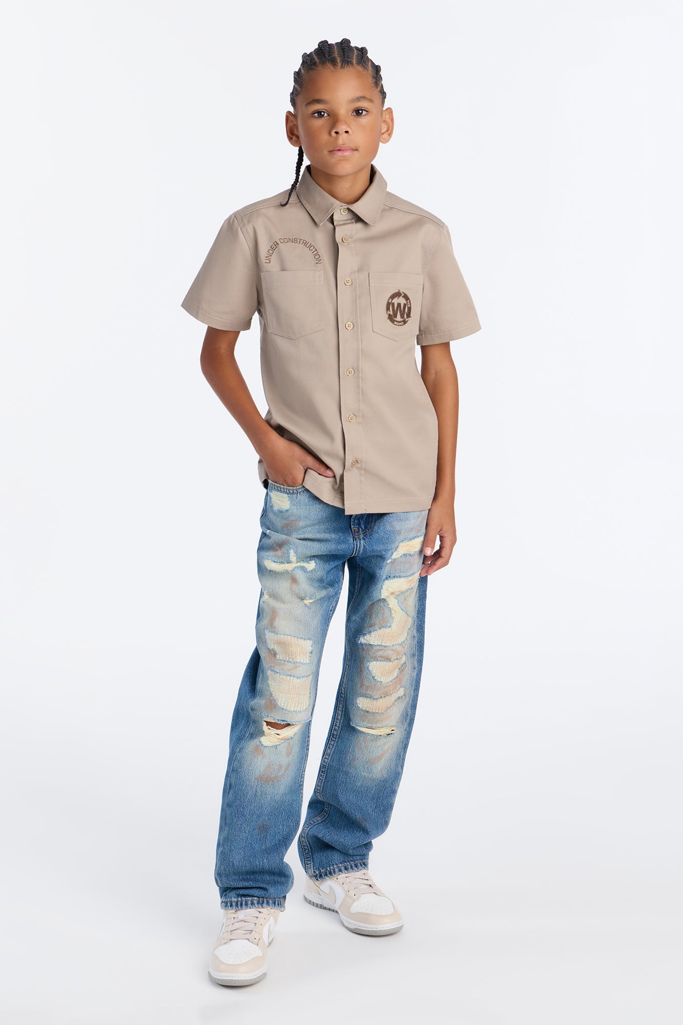 Mini Relaxed Straight Rogue Rip And Repair Jean - Vintage Blue Wash