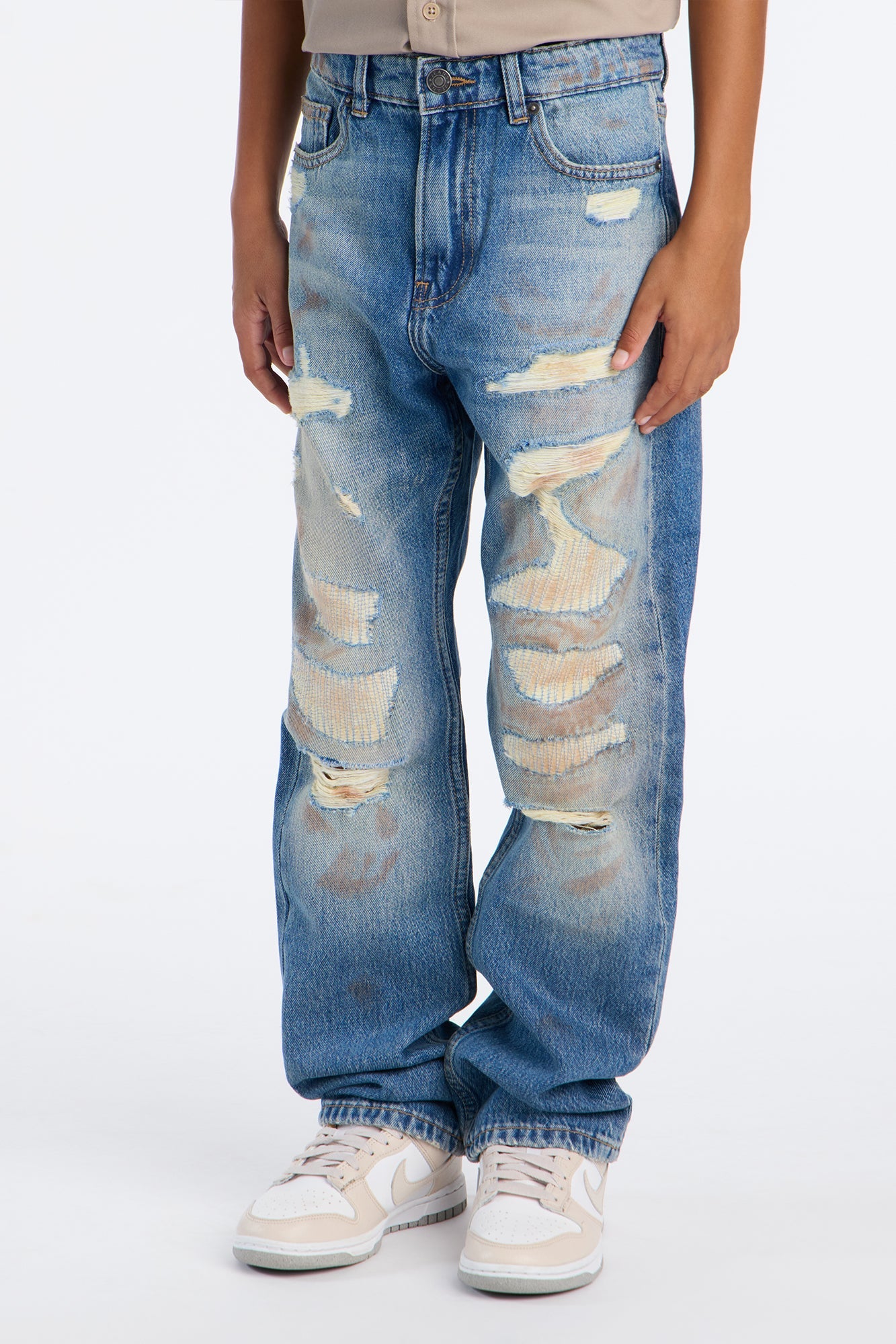Mini Relaxed Straight Rogue Rip And Repair Jean - Vintage Blue Wash