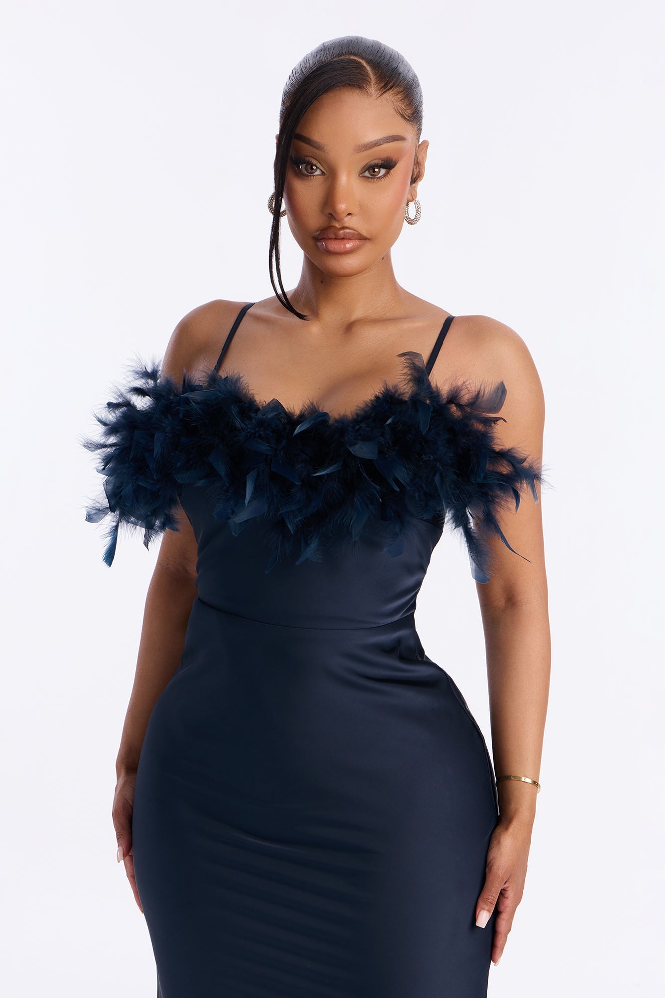Aribella Feathered Satin Gown - Navy