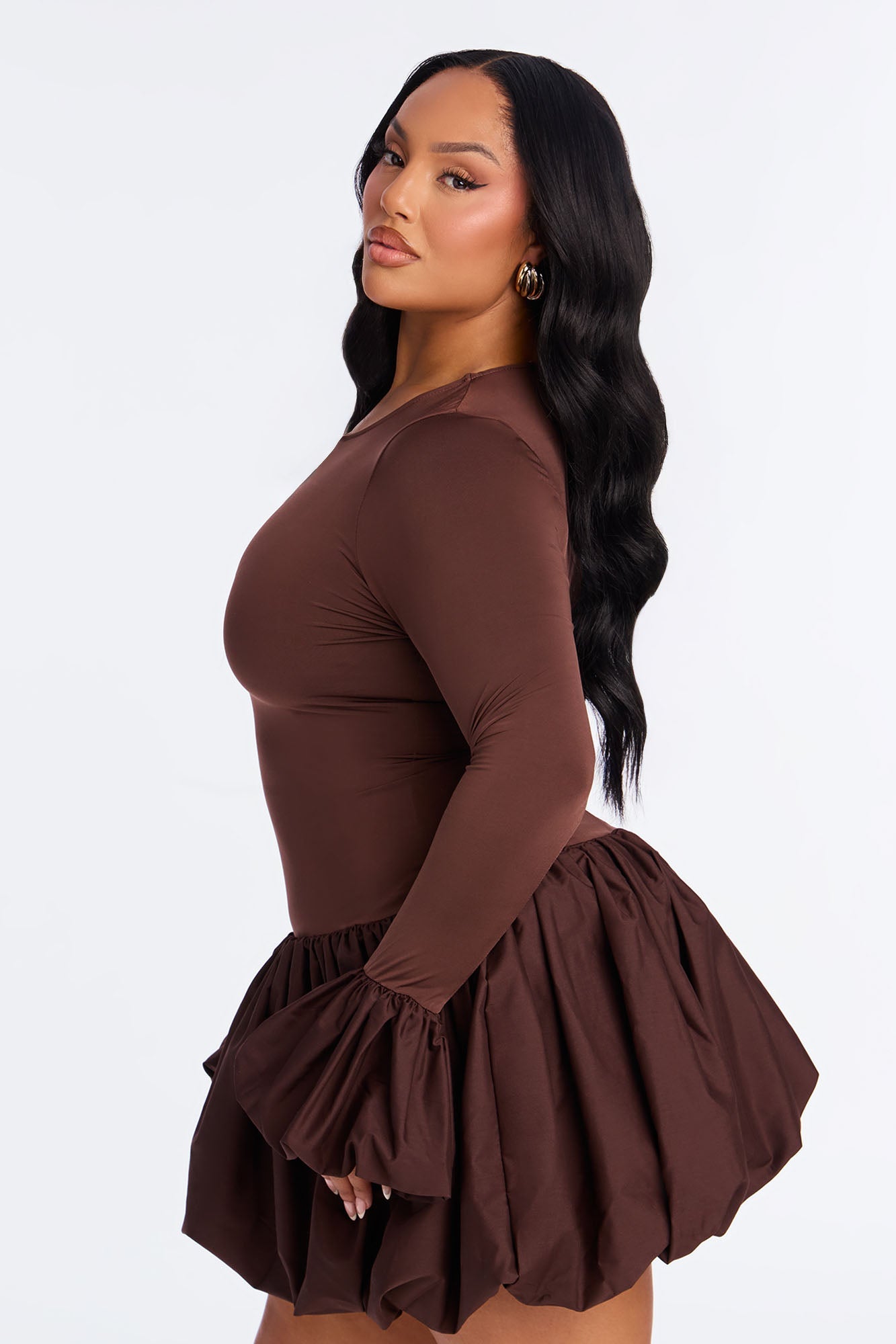 Jillian Puff Sleeve Bubble Mini Dress - Chocolate