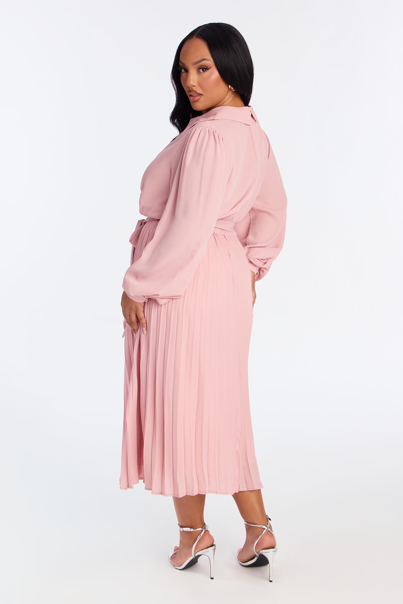 Ariella Tie Waist Pleated Midi Dress - Mauve