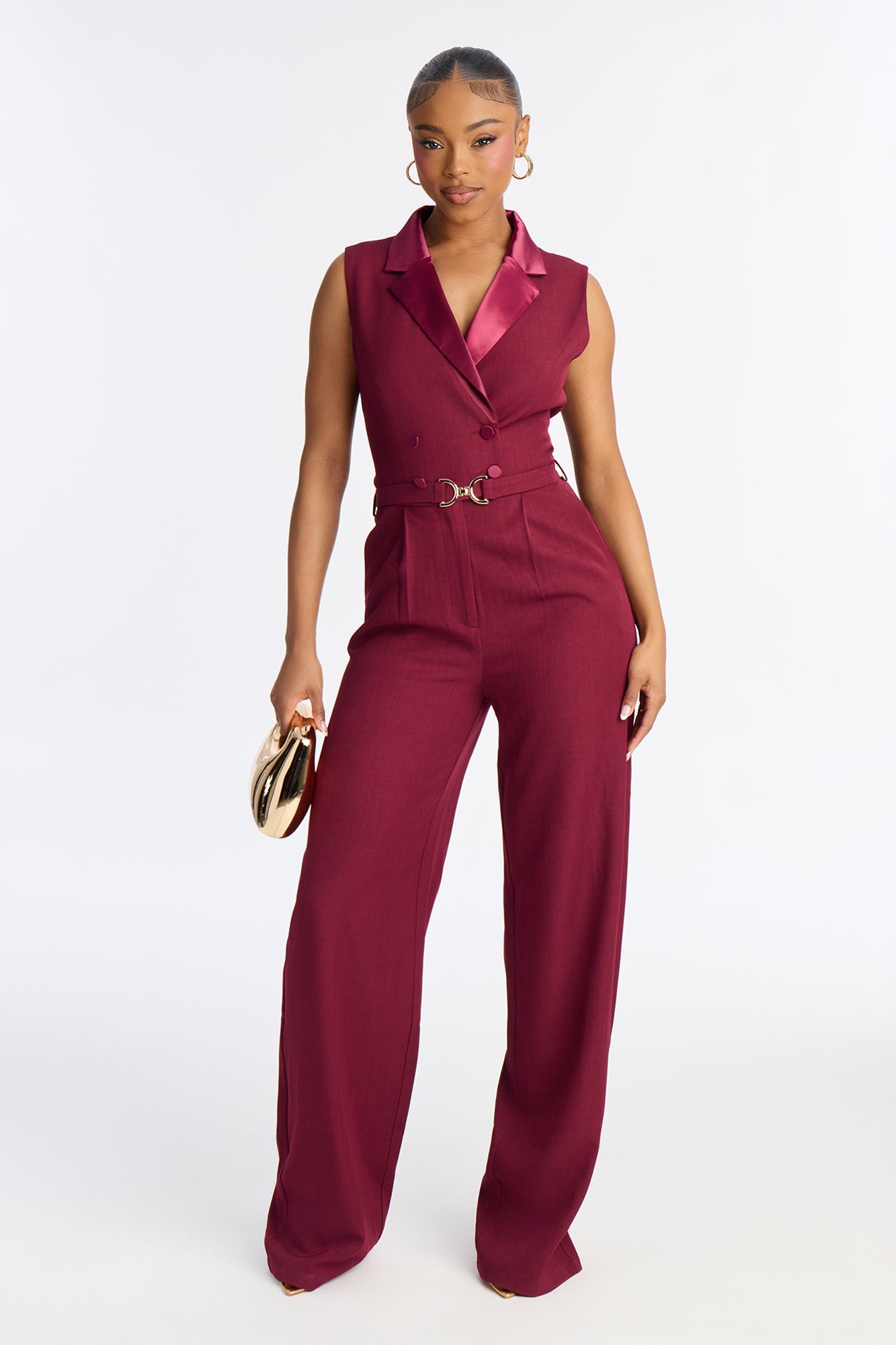 Caitlin Collar Wide Leg Jumpsuit - Burgundy