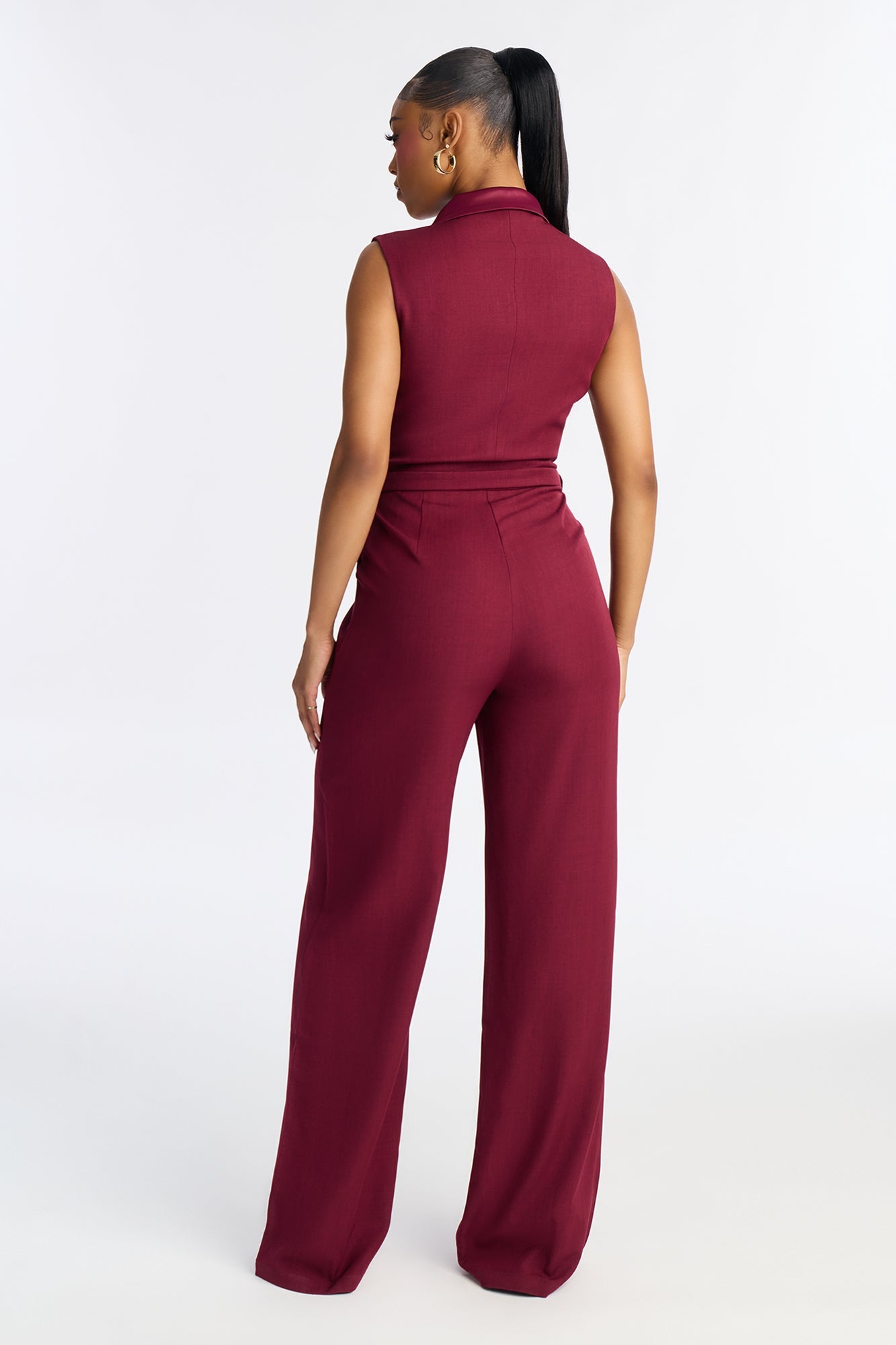 Caitlin Collar Wide Leg Jumpsuit - Burgundy