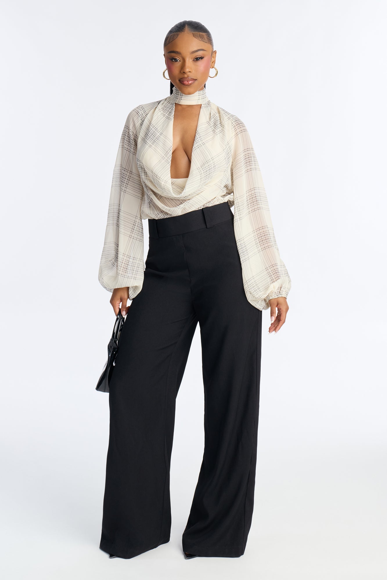 Business Calls Plaid Cowl Mock Neck Jumpsuit - Ivory/combo