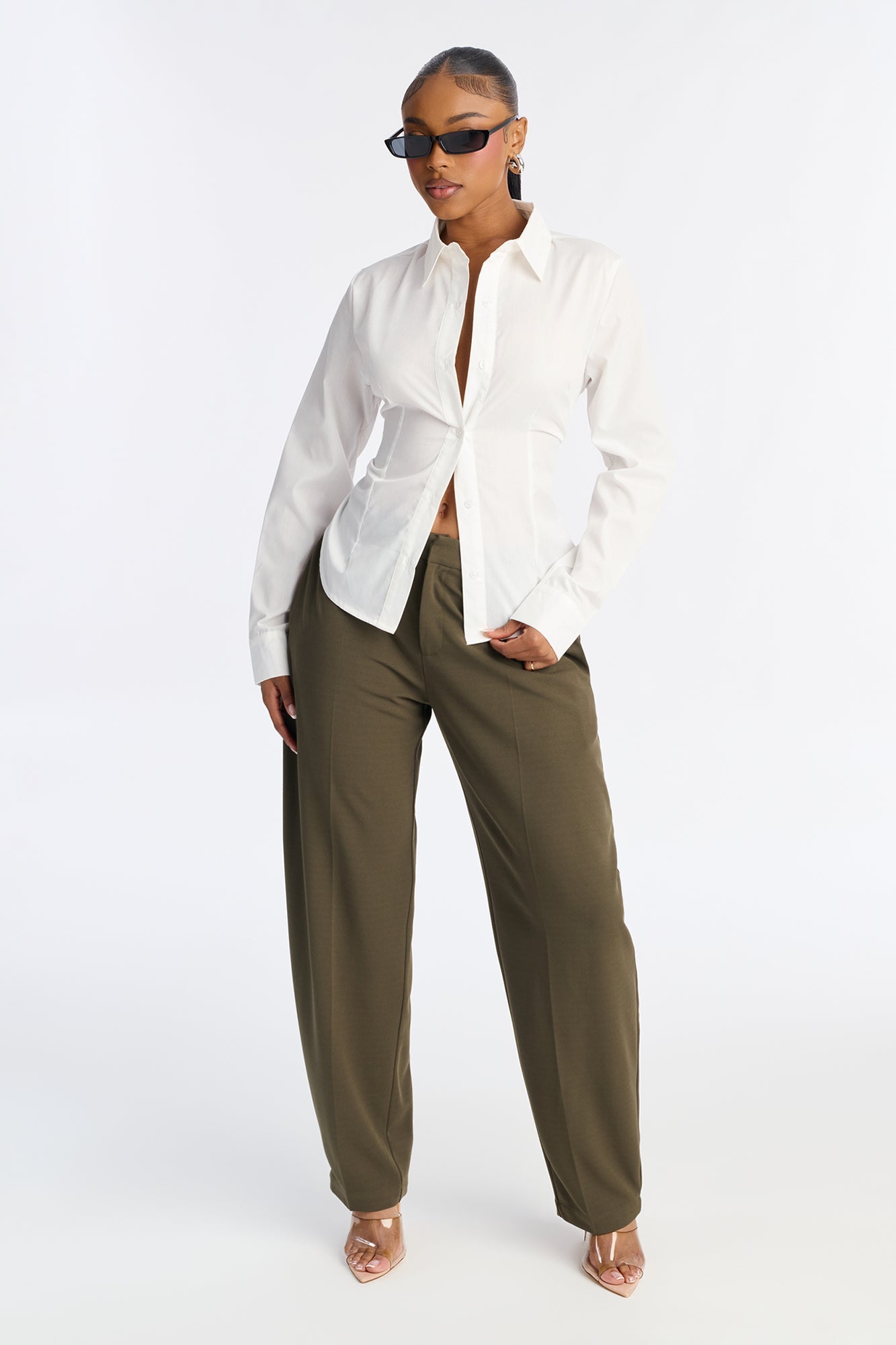 Always On Time Crepe Knit Barrel Leg Trousers - Olive