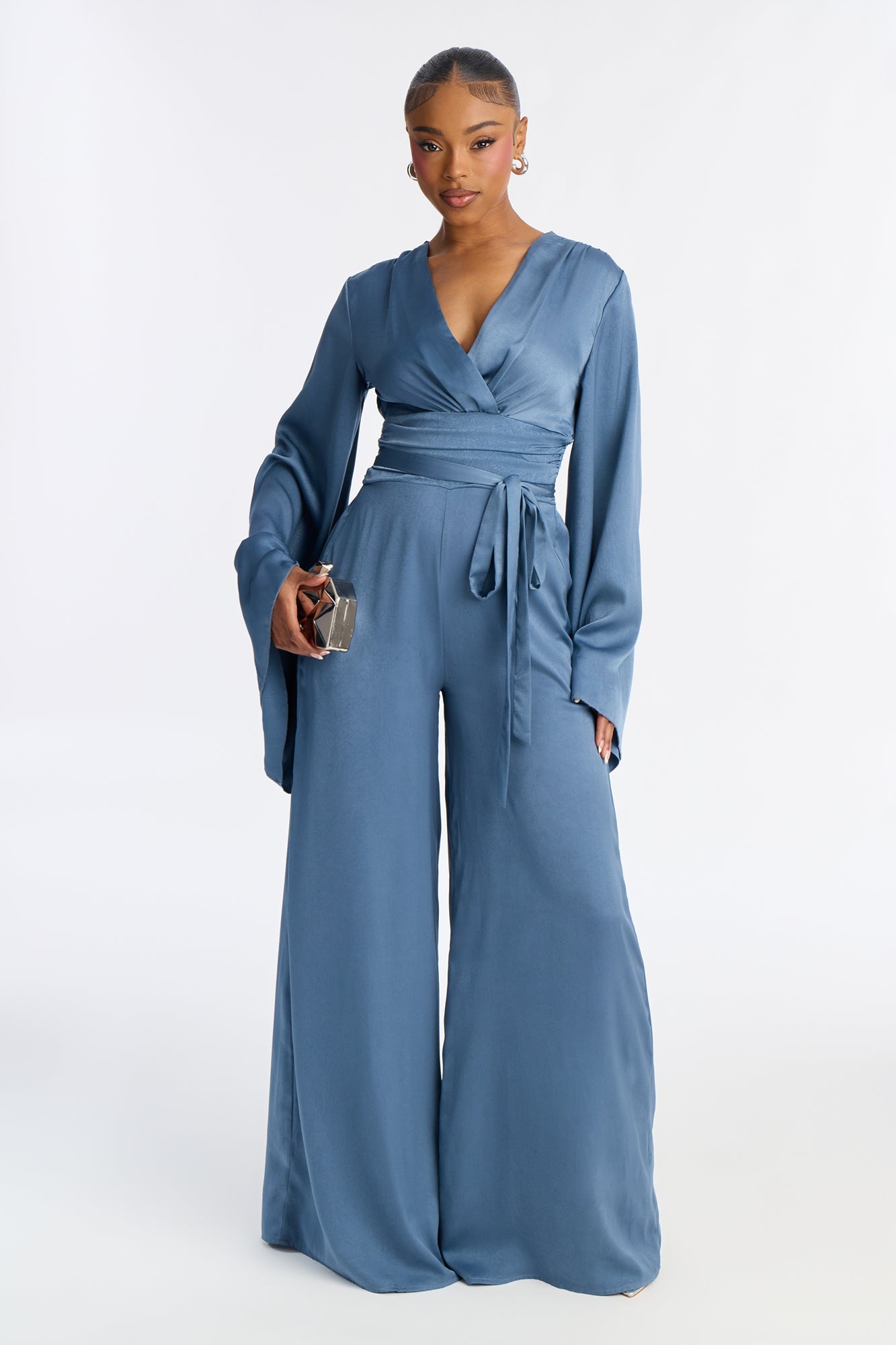 Ophelia Satin Wide Leg Cinched Waist Jumpsuit - Blue
