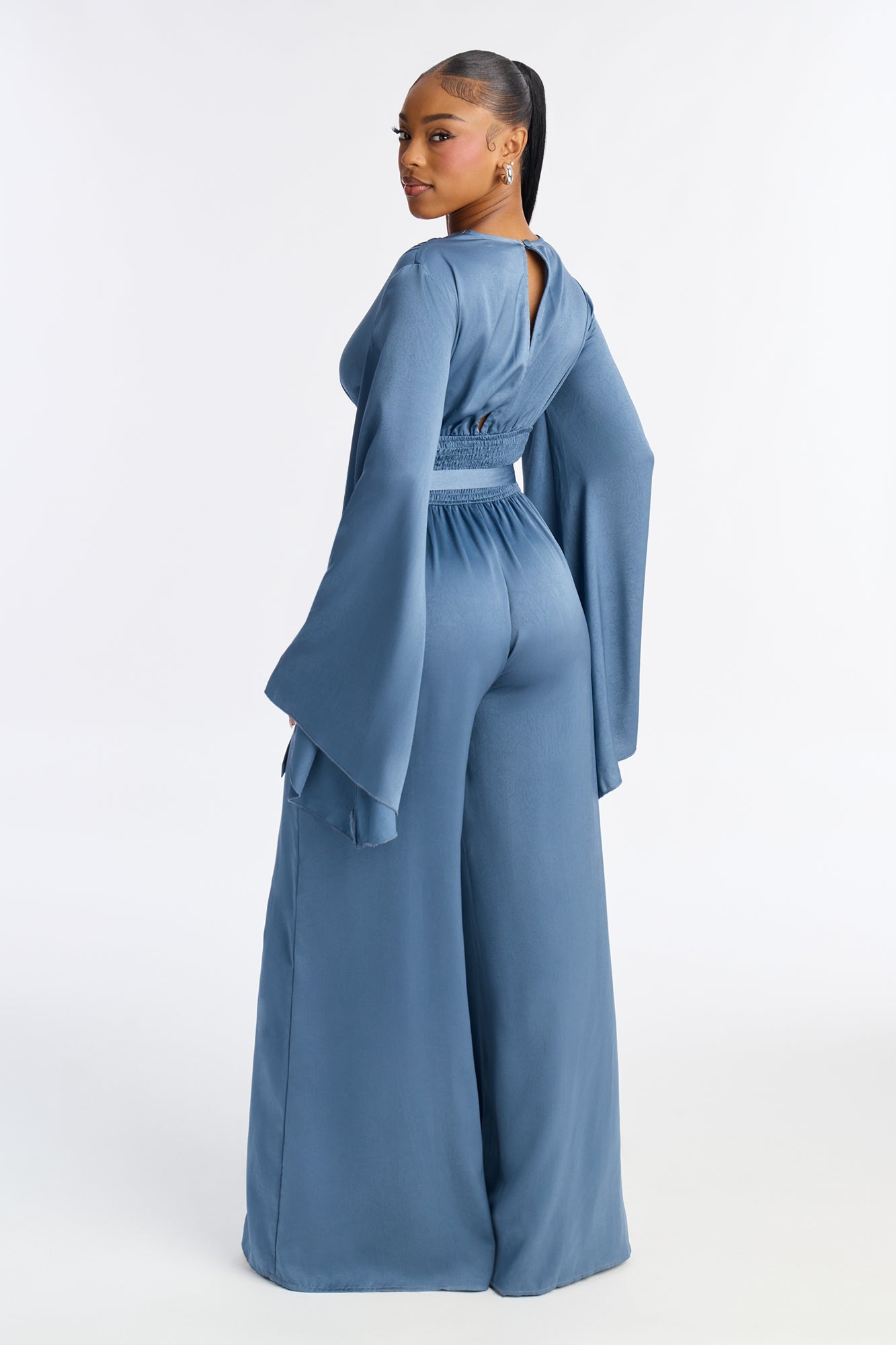 Ophelia Satin Wide Leg Cinched Waist Jumpsuit - Blue