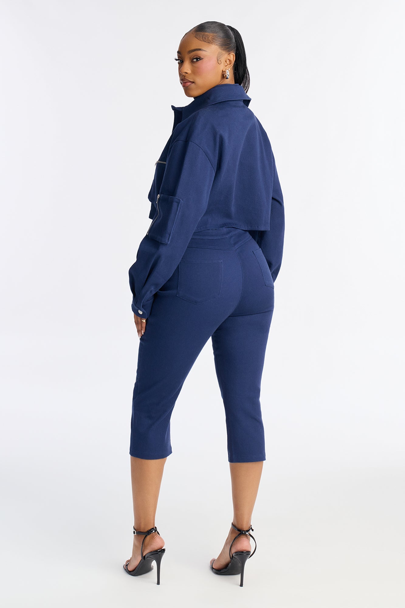 Angie Twill Cropped Jacket Capri Set - Blue
