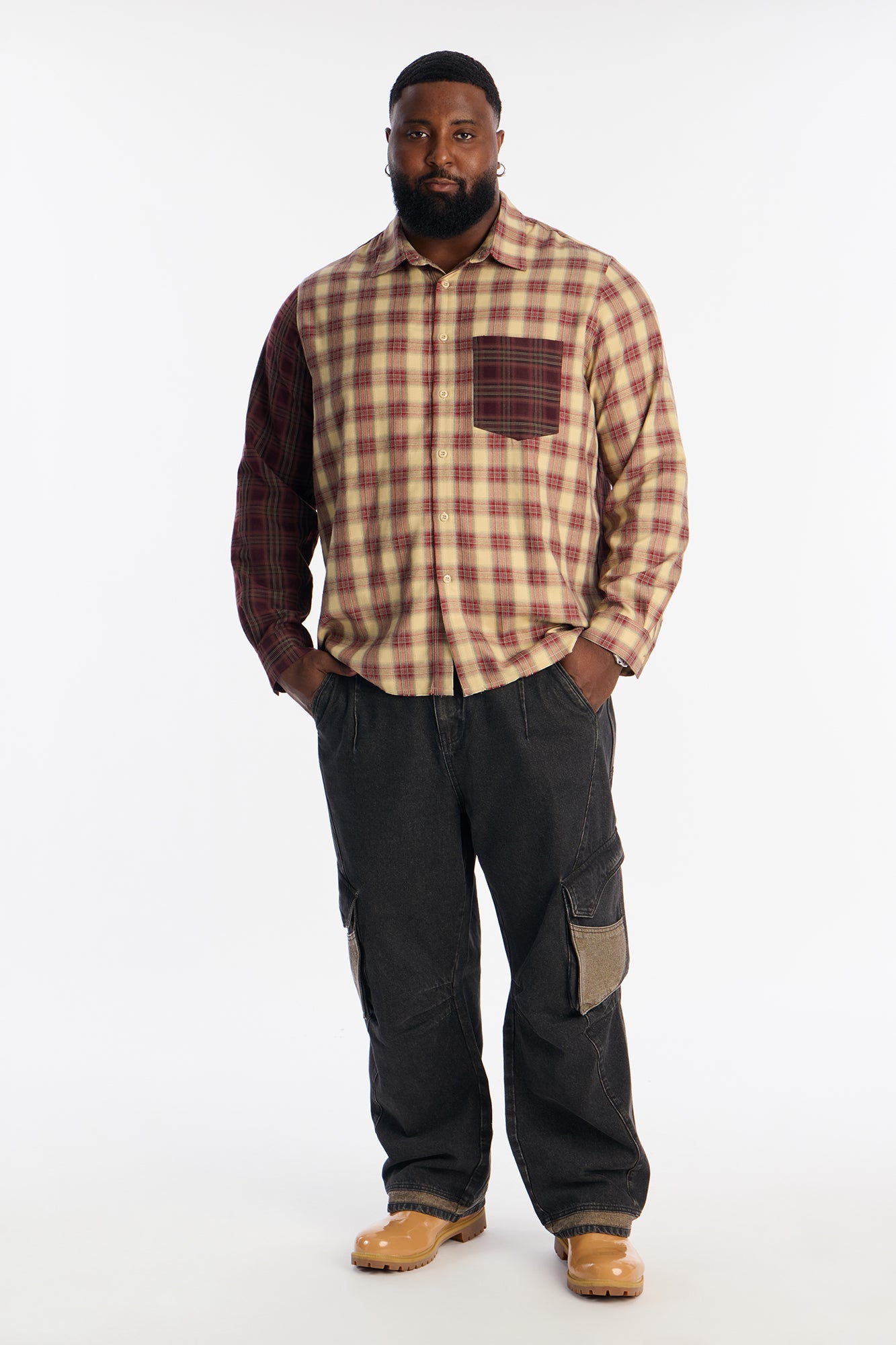 Color Block Casual Flannel - Burgundy/combo