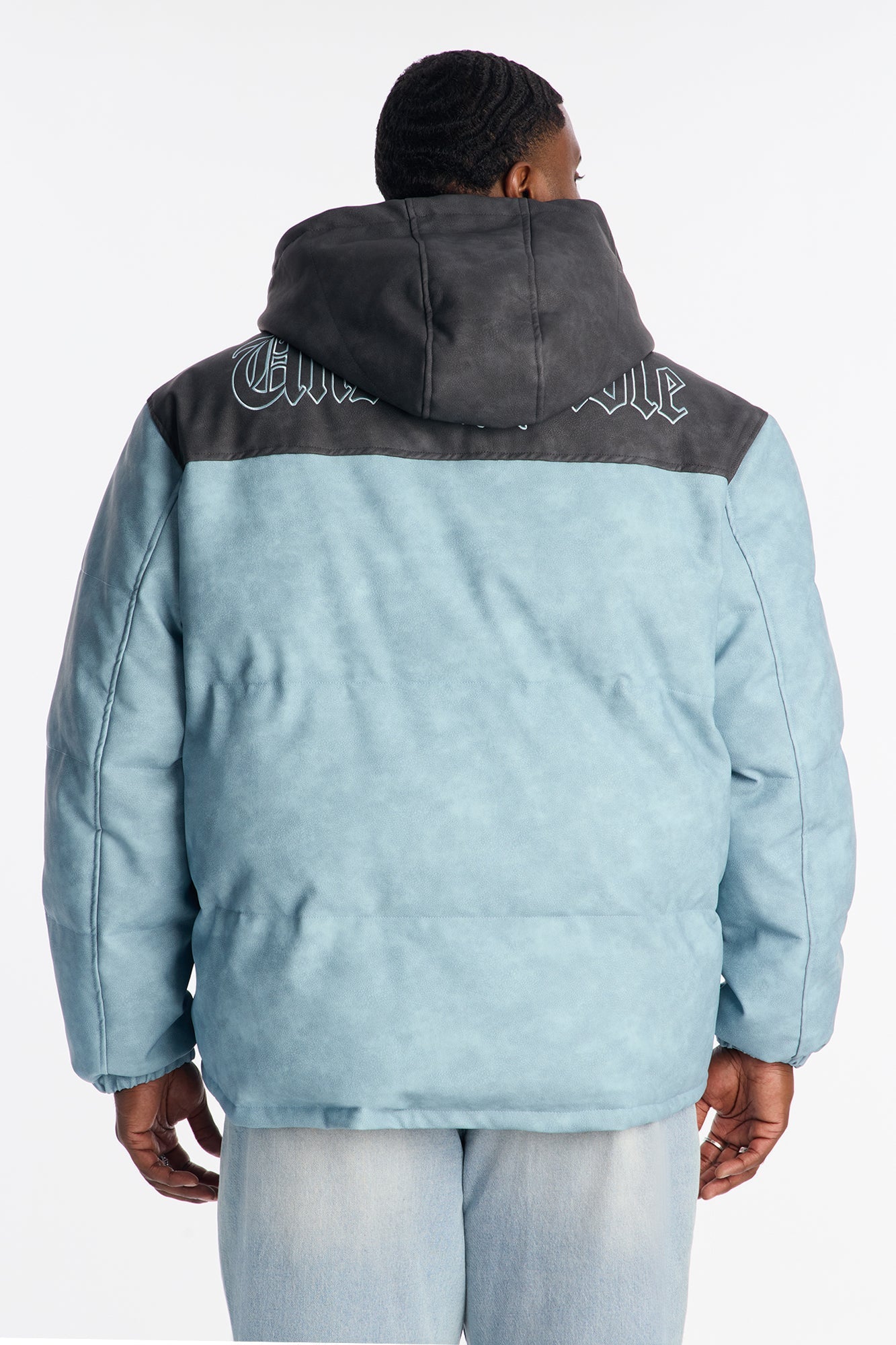 Oversized Hooded Unstoppable Faux Leather Embroidered Puffer Jacket - Blue
