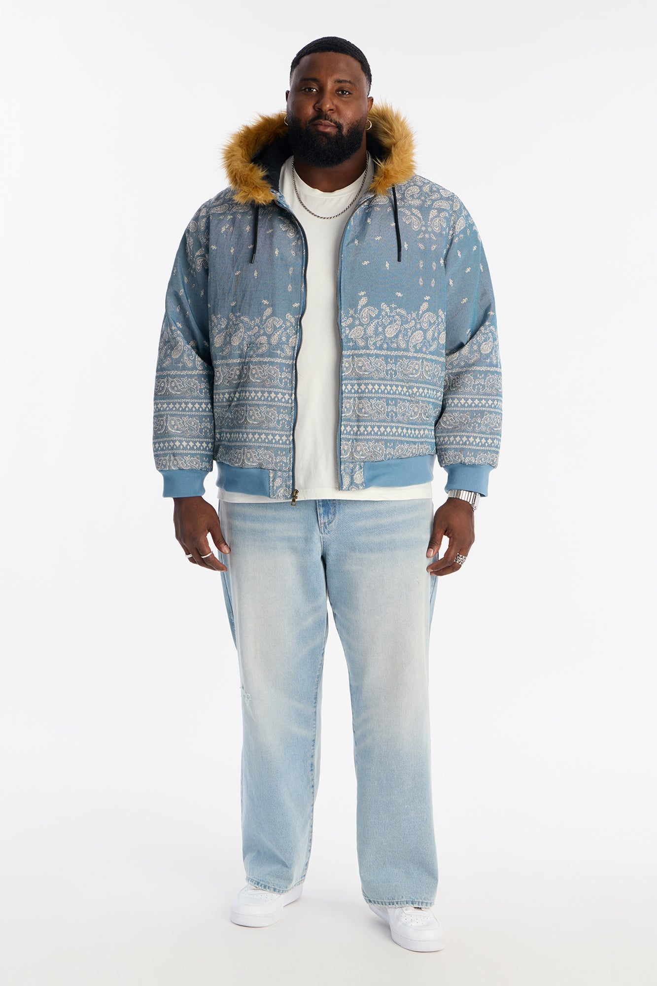 Hooded Padded Paisley Jacquard Parka - Blue
