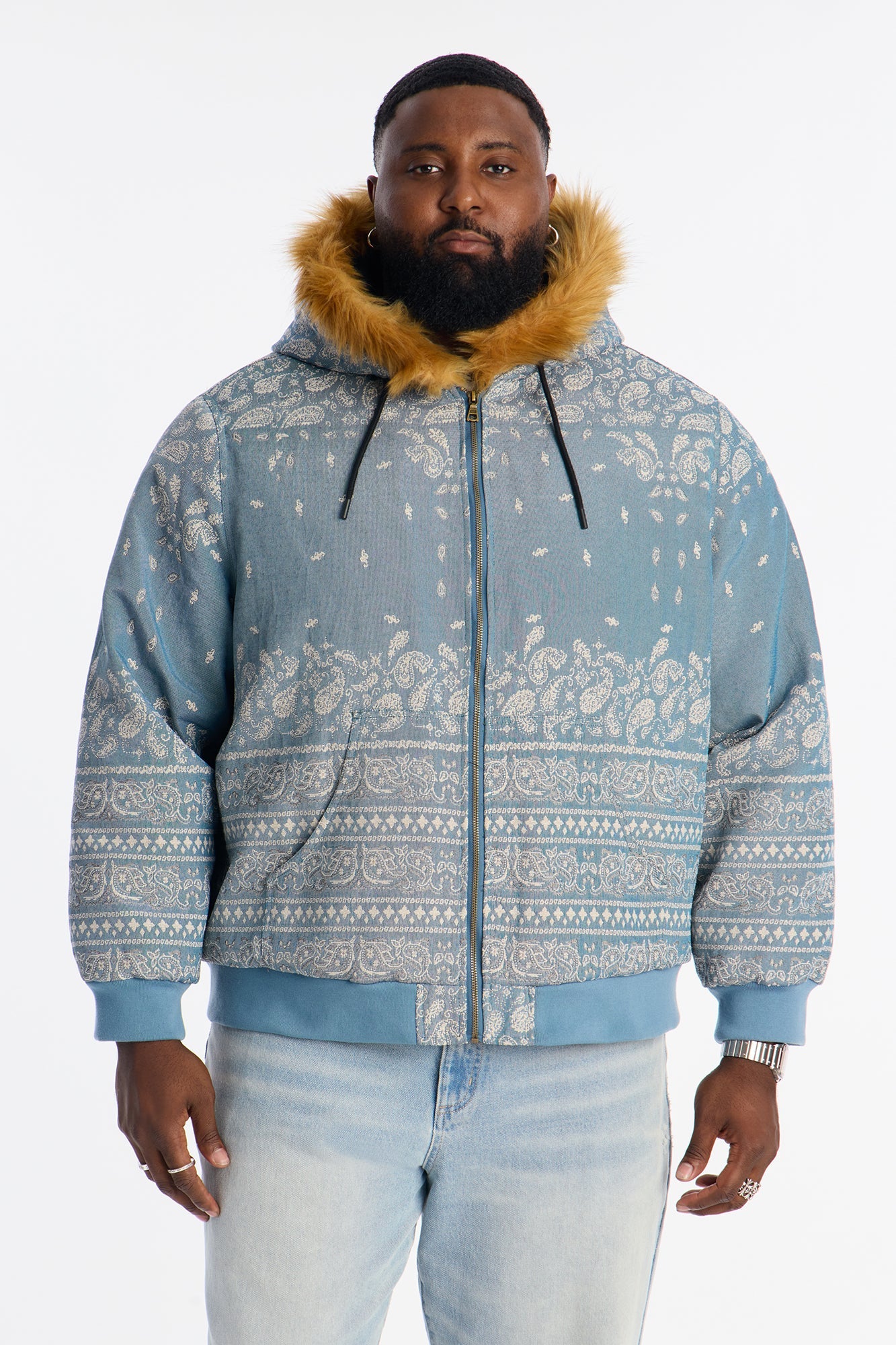 Hooded Padded Paisley Jacquard Parka - Blue