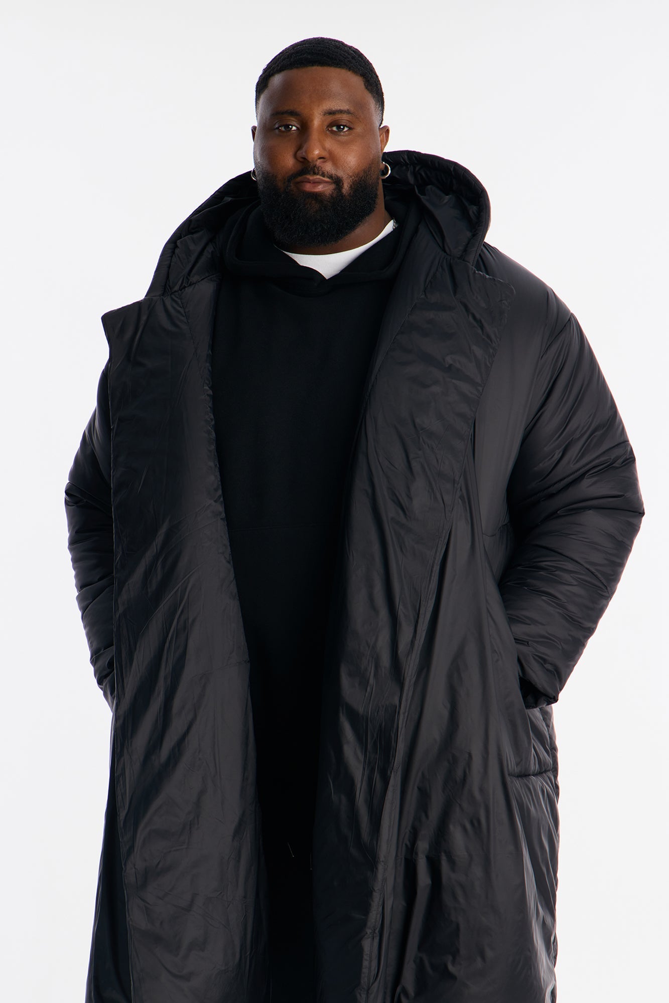 Hooded Oversized Exaggerated Wrap Long Puffer Jacket - Black