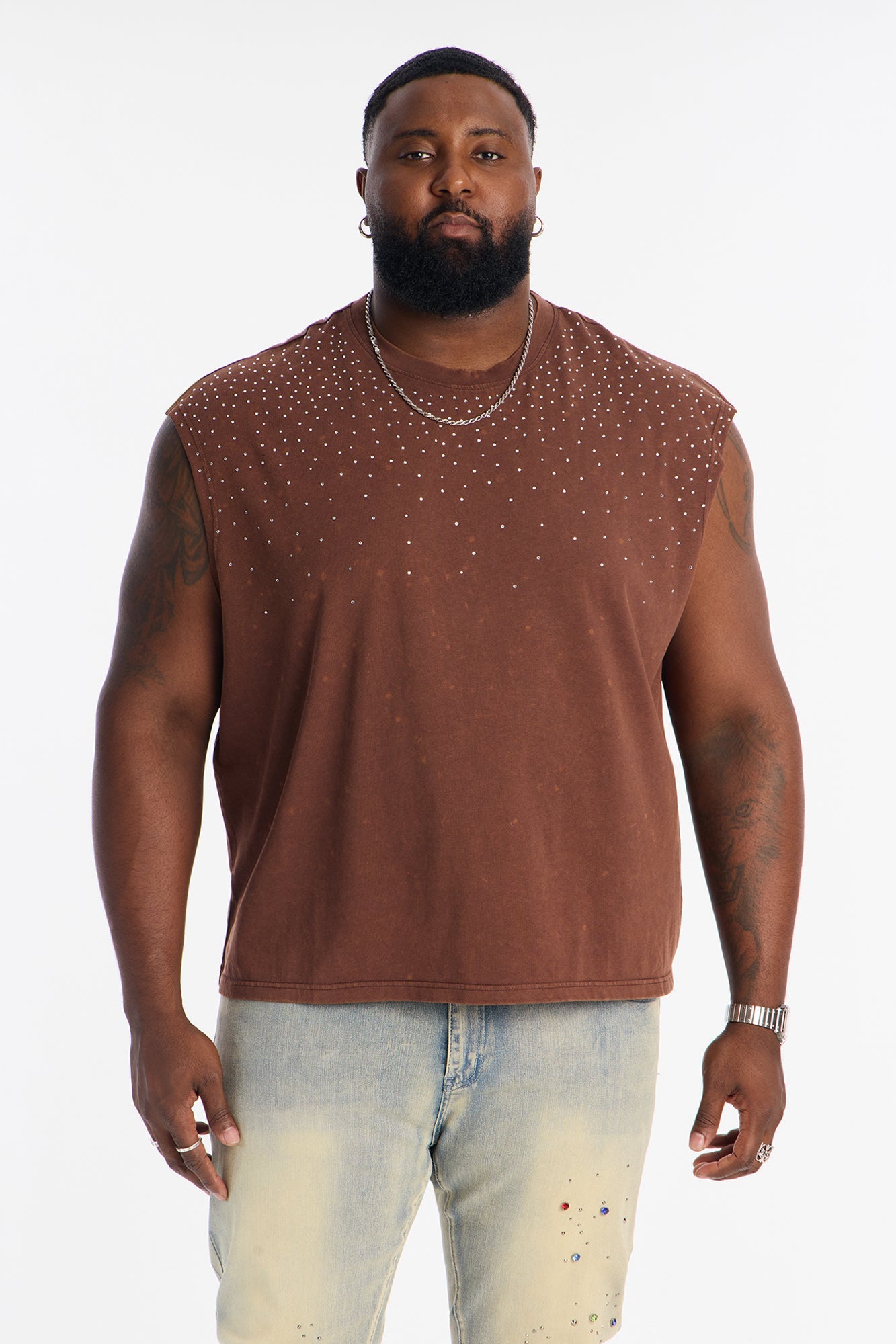 Embellished Stone Muscle Tee - Brown