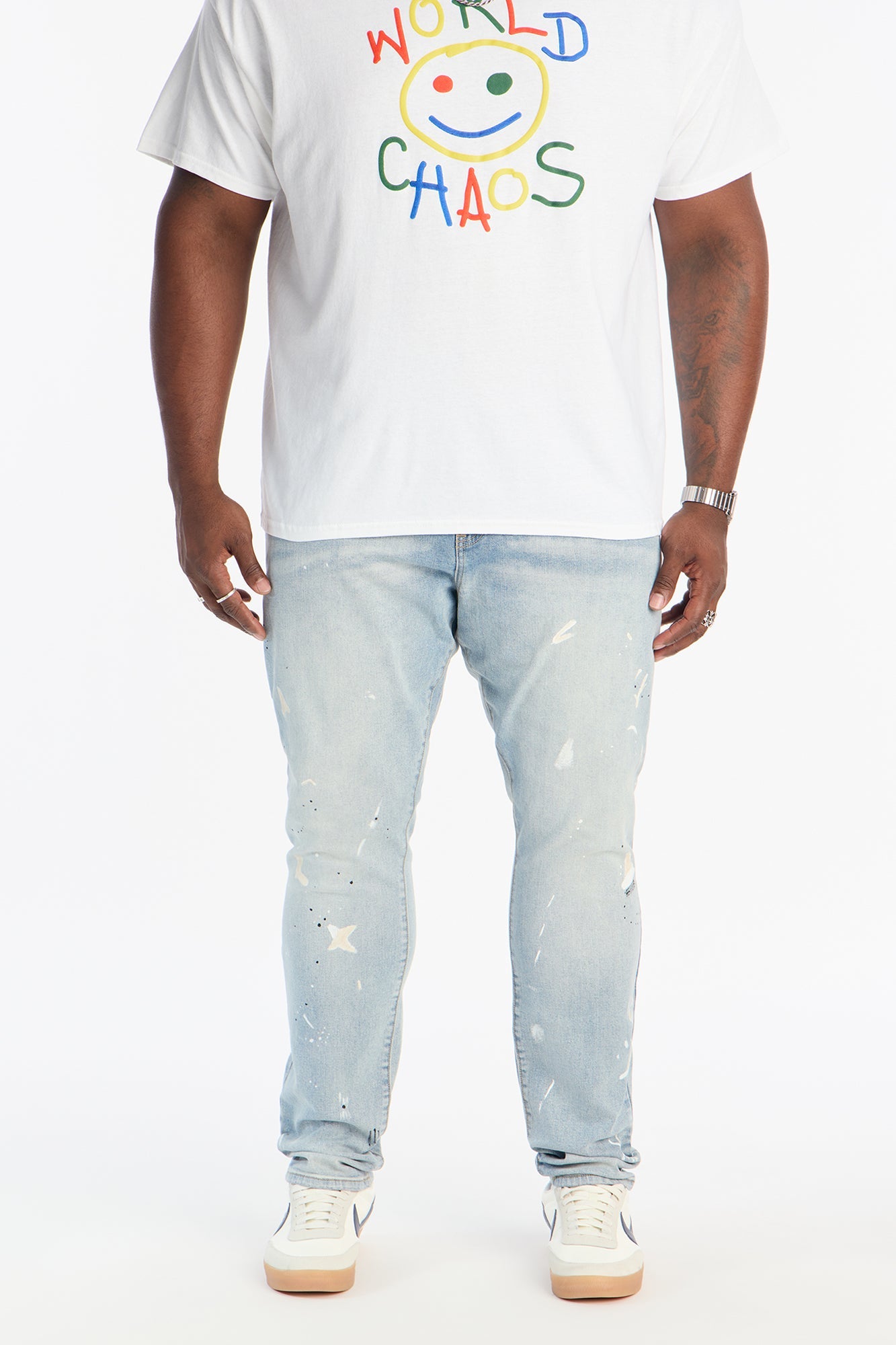 Stacked Skinny Off Hours Paint Splatter Jean - Light Blue Wash