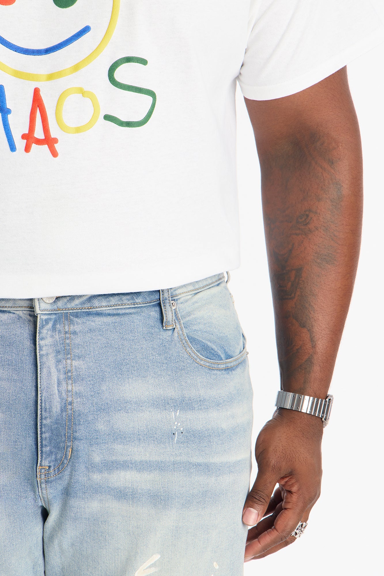 Stacked Skinny Off Hours Paint Splatter Jean - Light Blue Wash