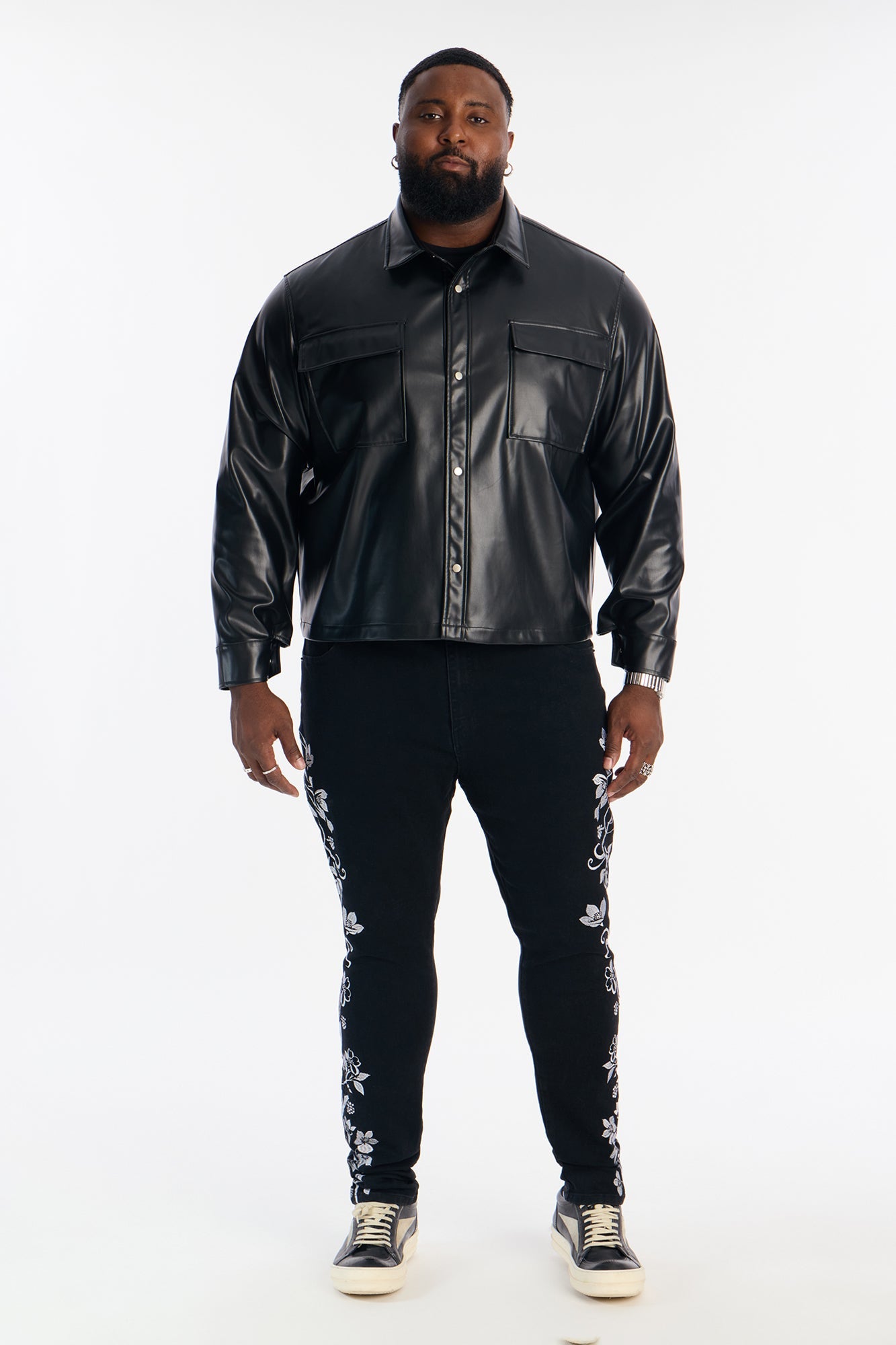 Cropped On Command Faux Leather Button Up Shirt - Black