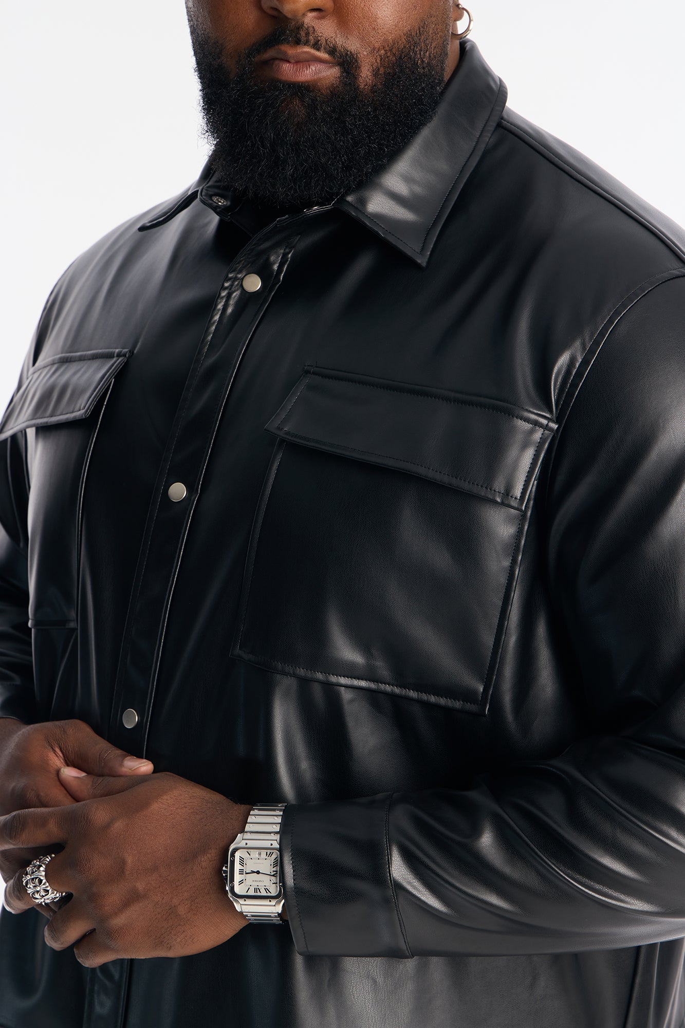 Cropped On Command Faux Leather Button Up Shirt - Black