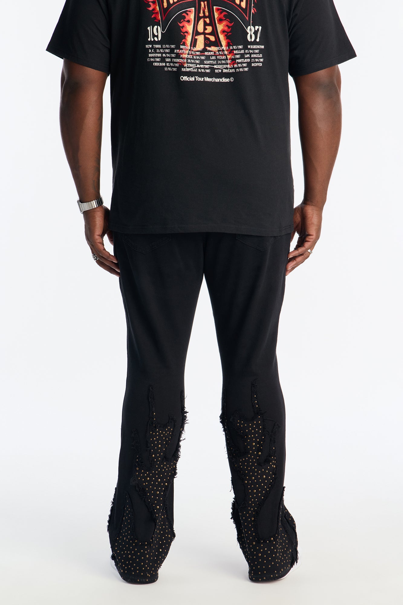 Stacked Skinny Flare Jeweled In Flames Jeans - Black