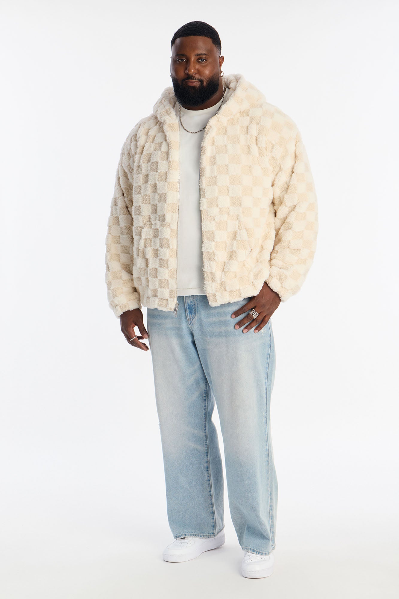 Relaxed Hooded Zip Checkered Faux Fur Jacket - Cream