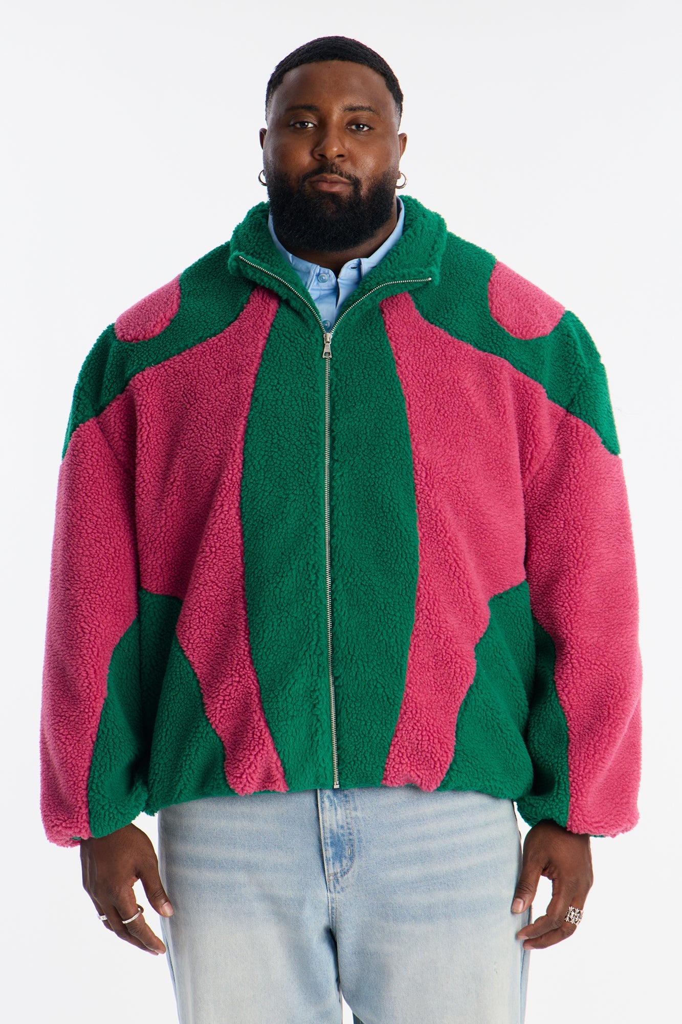 Oversized Sherpa Wave Paneled Zip Jacket - Green