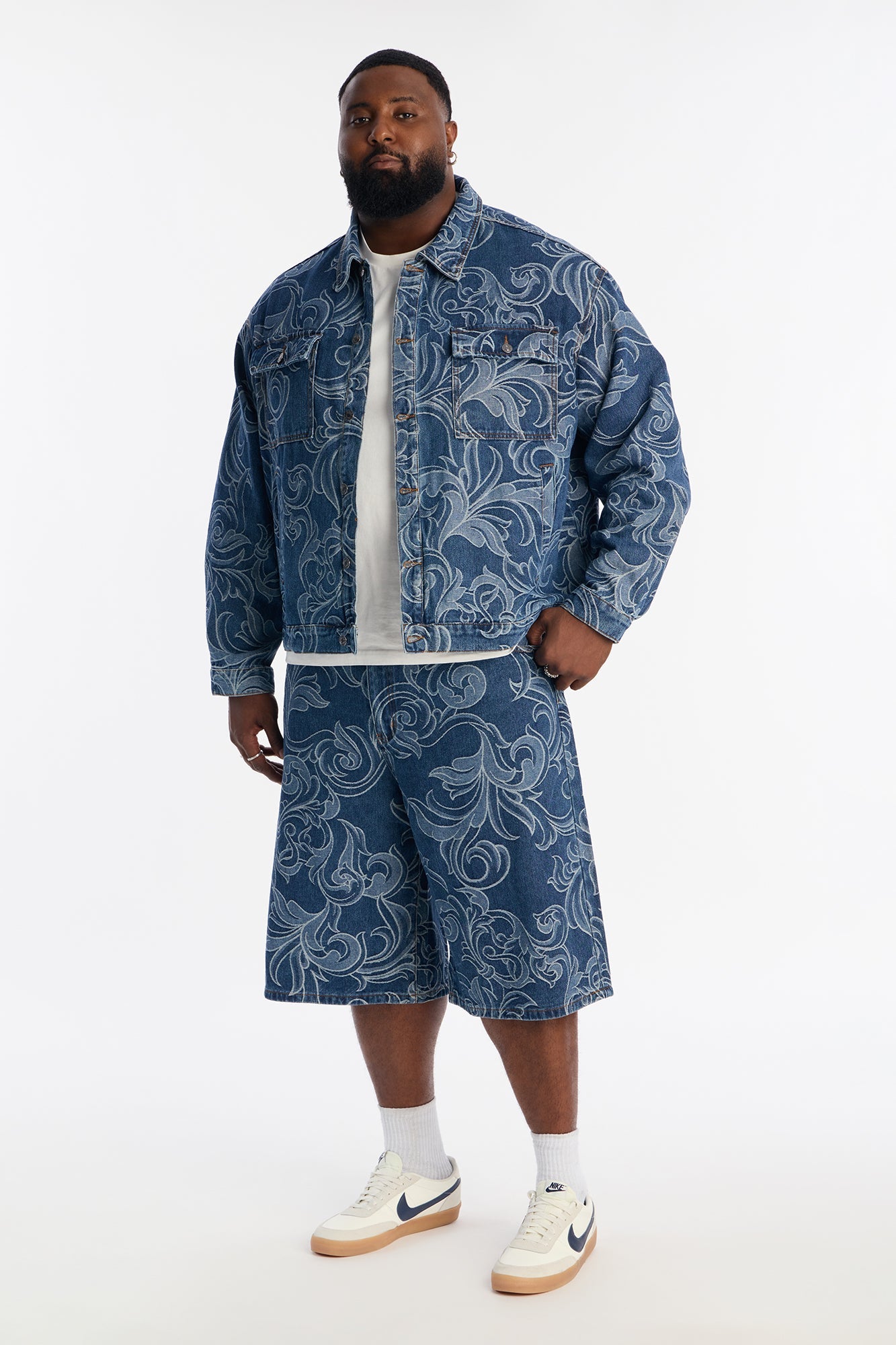 Baggy Baroque Jacquard Denim Shorts - Medium Blue Wash