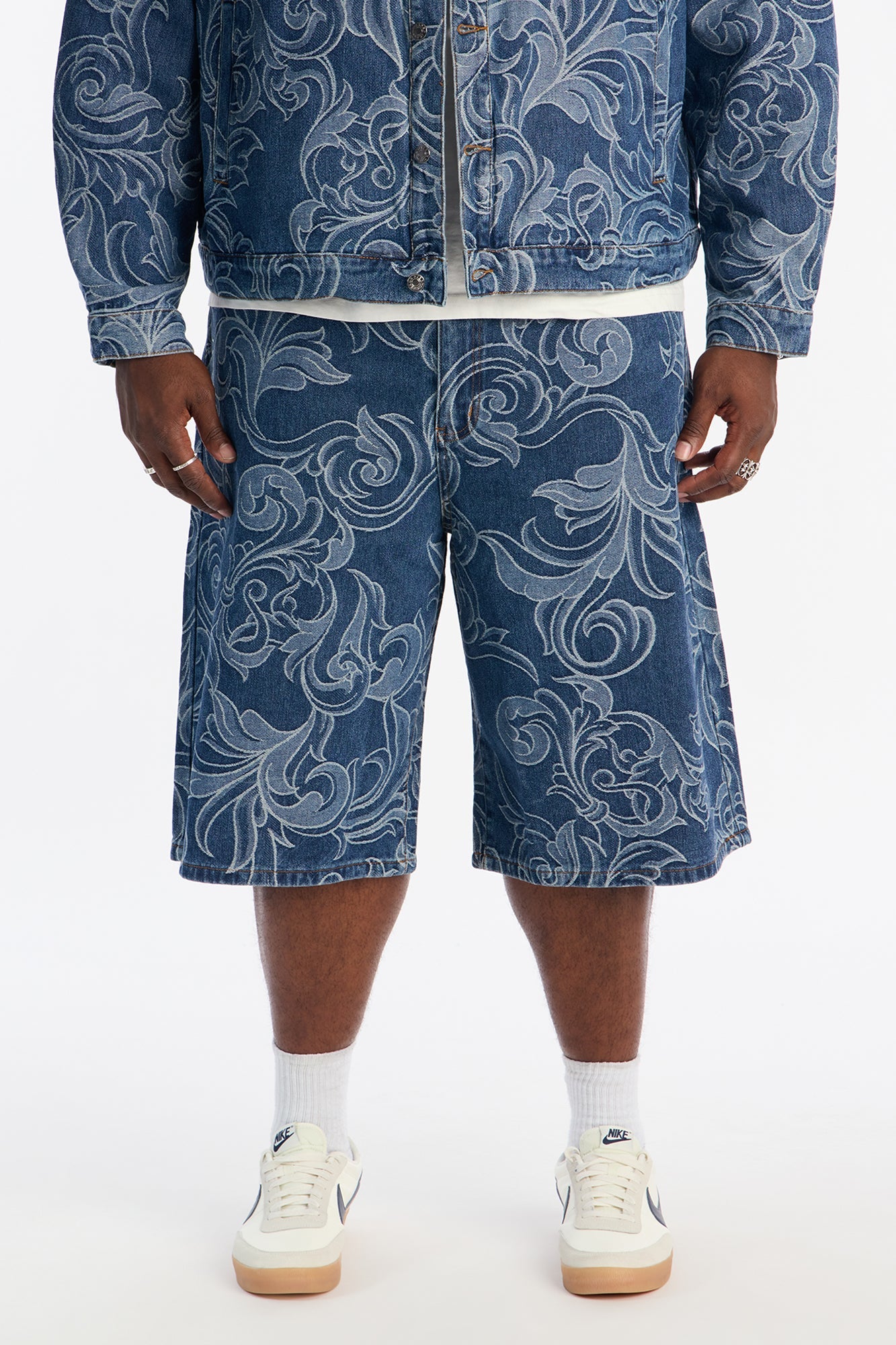 Baggy Baroque Jacquard Denim Shorts - Medium Blue Wash