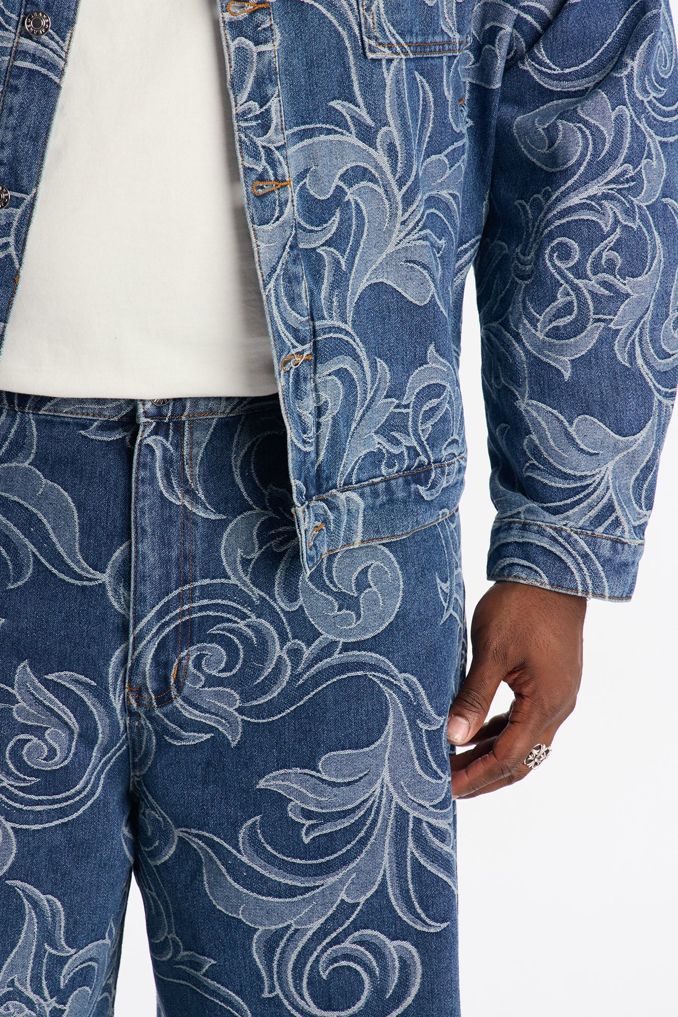 Baggy Baroque Jacquard Denim Shorts - Medium Blue Wash