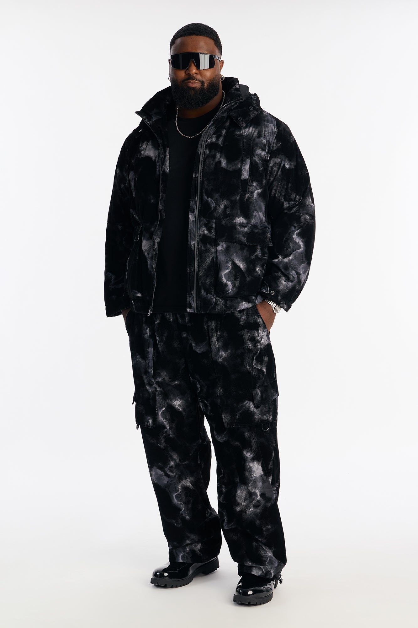 Baggy Flocked Marble Cargo Pant - Black