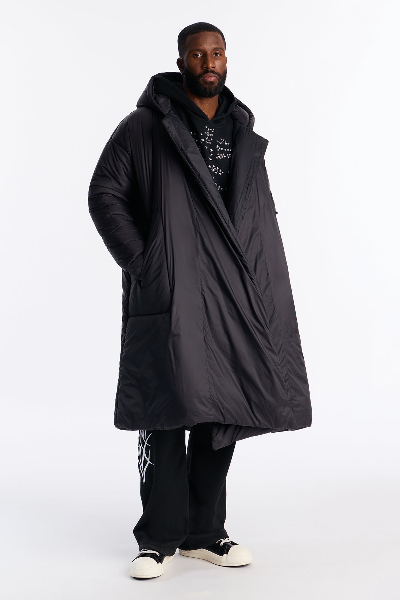 Hooded Oversized Exaggerated Wrap Long Puffer Jacket - Black