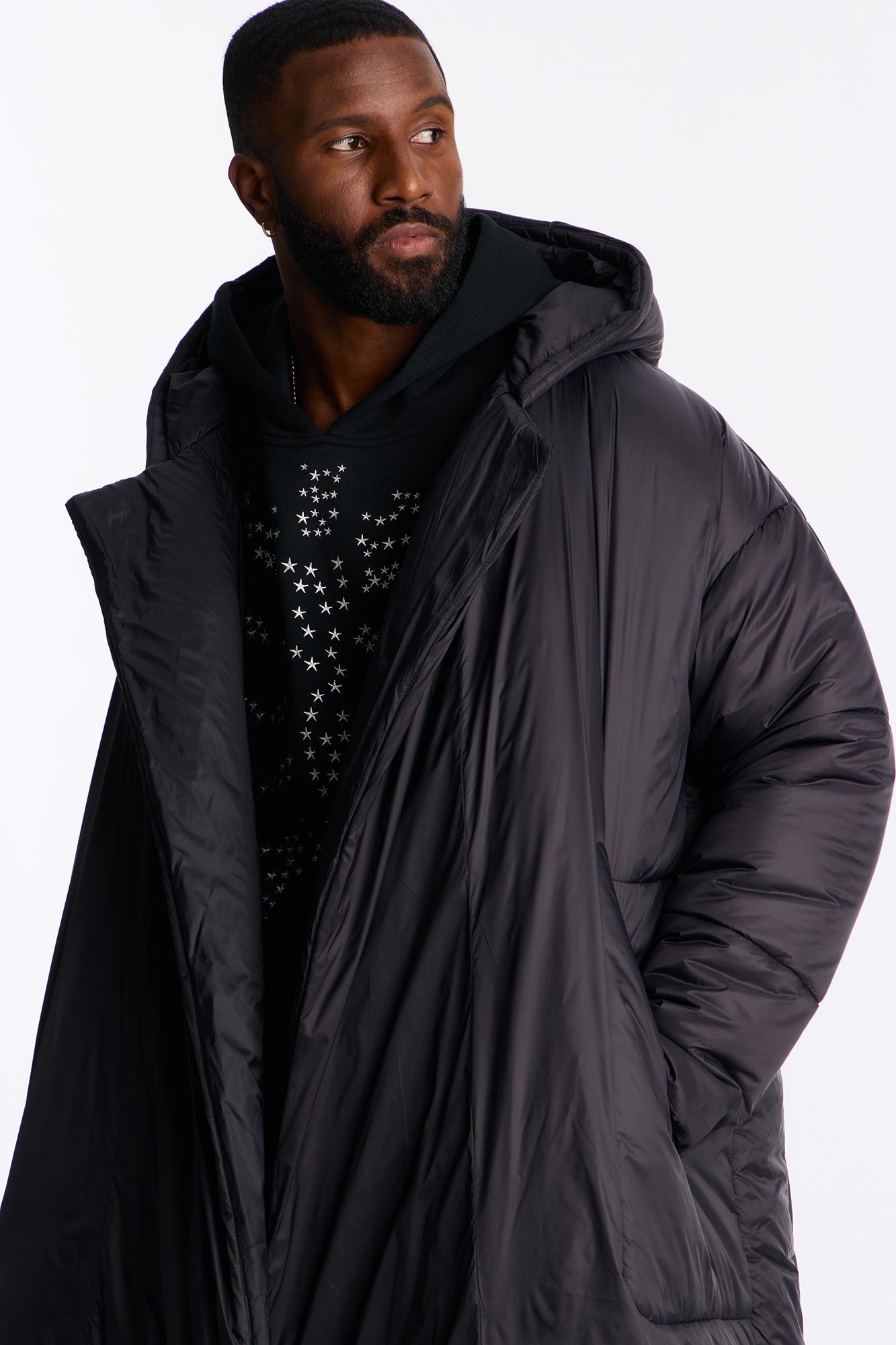 Hooded Oversized Exaggerated Wrap Long Puffer Jacket - Black